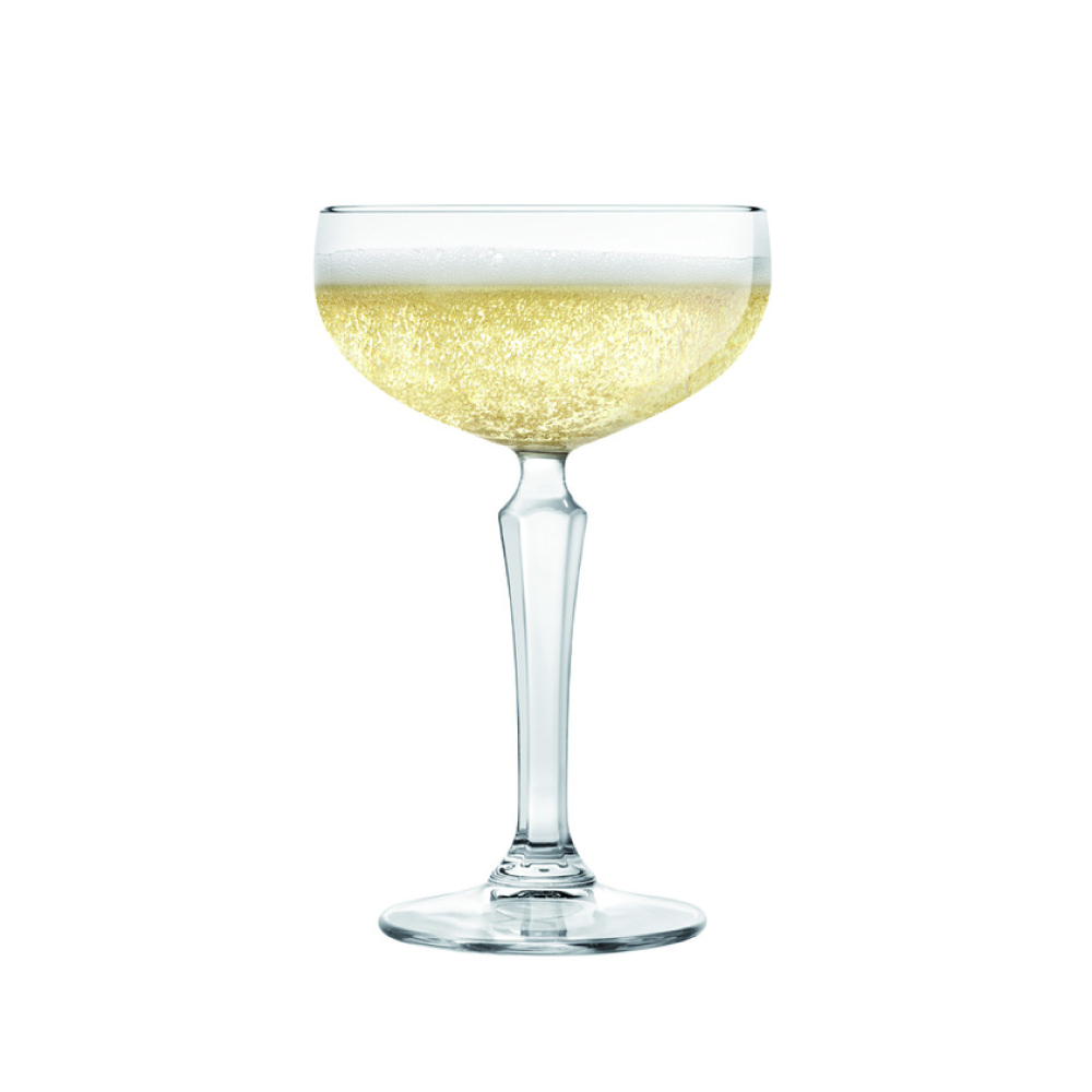 transparante Champagnecoup Libbey Spksy met een inhoud van 24,5 cl. en de mogelijkheid tot graveren, kleur mix