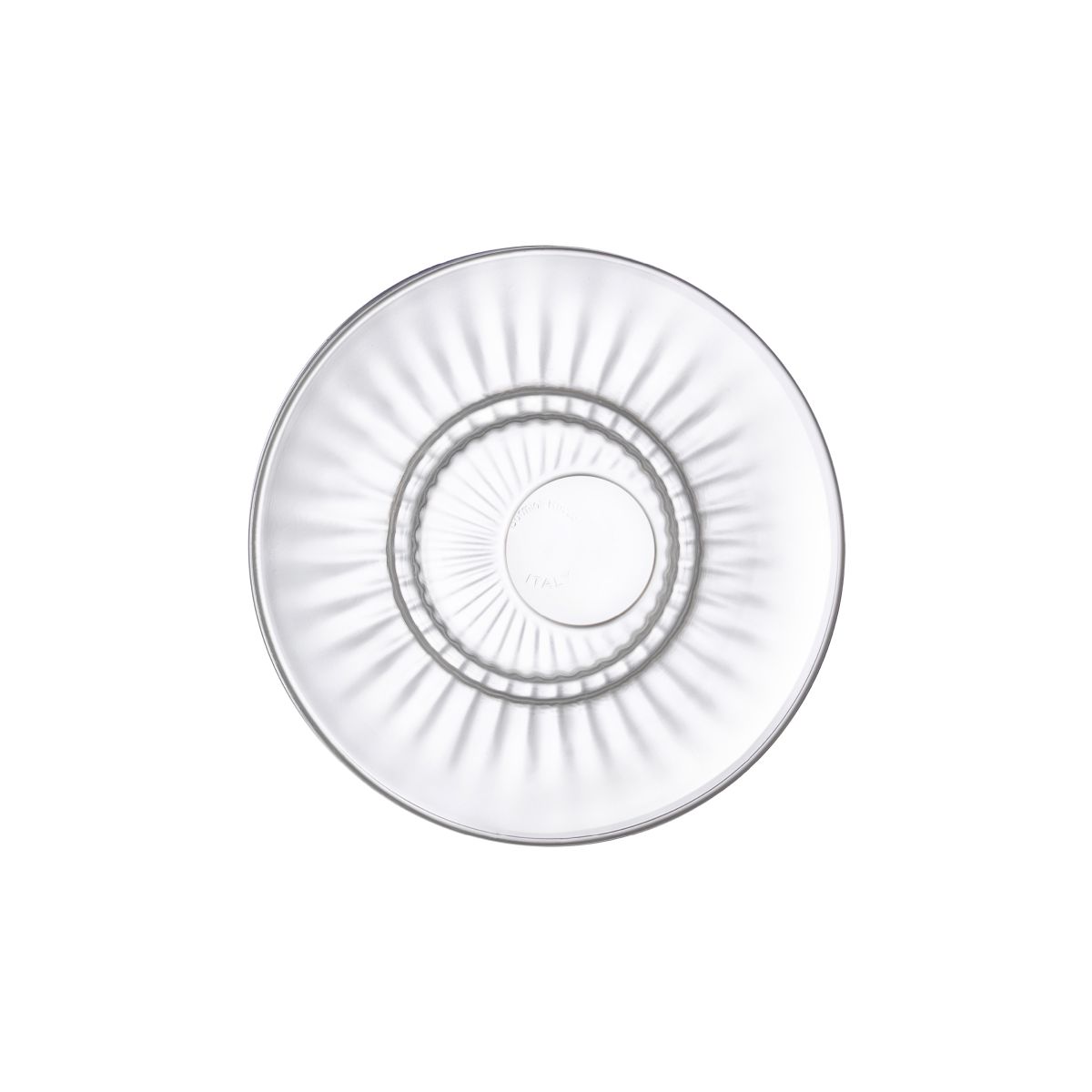 Front view of Barshine espresso saucer 14 cm in clear glass with slightly raised rim.