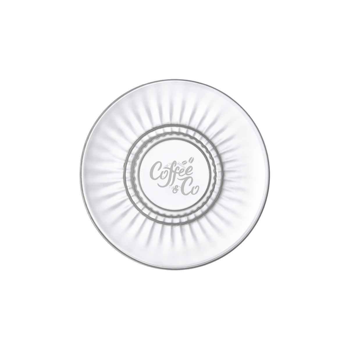 Engraving of CoffeeCo logo visible on Barshine tea and latte dish 14 cm in front view.