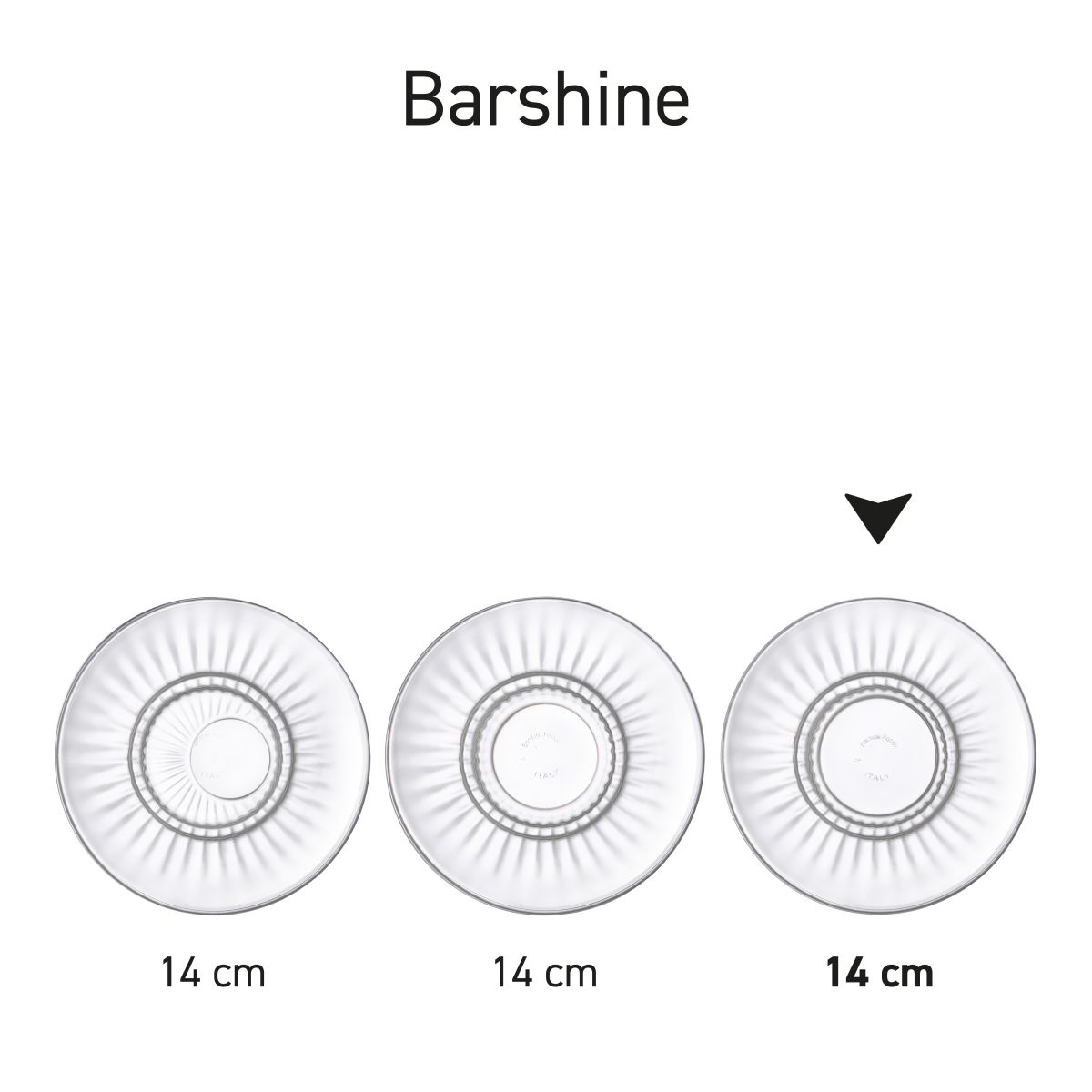 Series image of Barshine dishes measuring 14 cm in various designs.