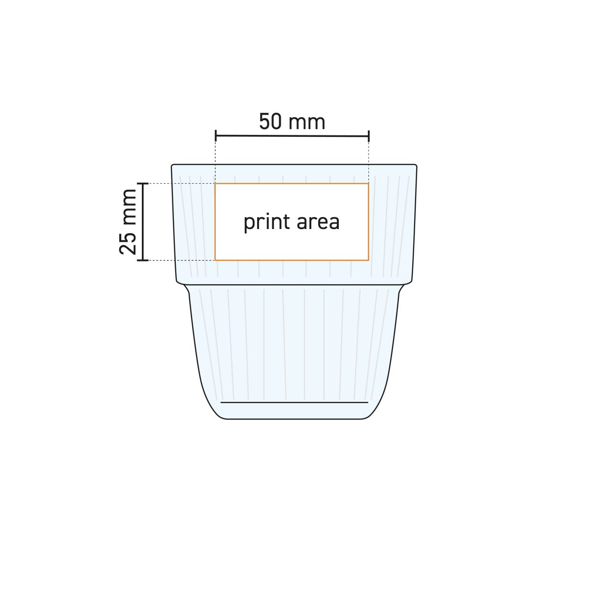 Technical working drawing of Barshine Tumbler glass 21 cl with marked printing area for logo placement.