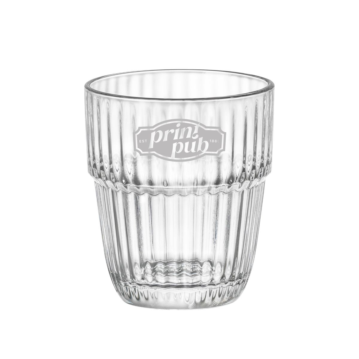 Barshine Tumbler glass of 21 cl. with engraved PrintPub logo on the front view in fine line texture.