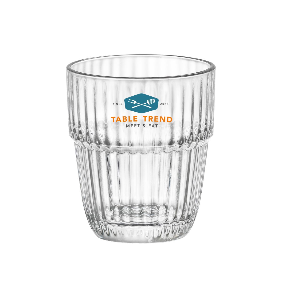 Barshine Tumbler glass 21 cl. with multi-coloured TableTrend logo on the front.