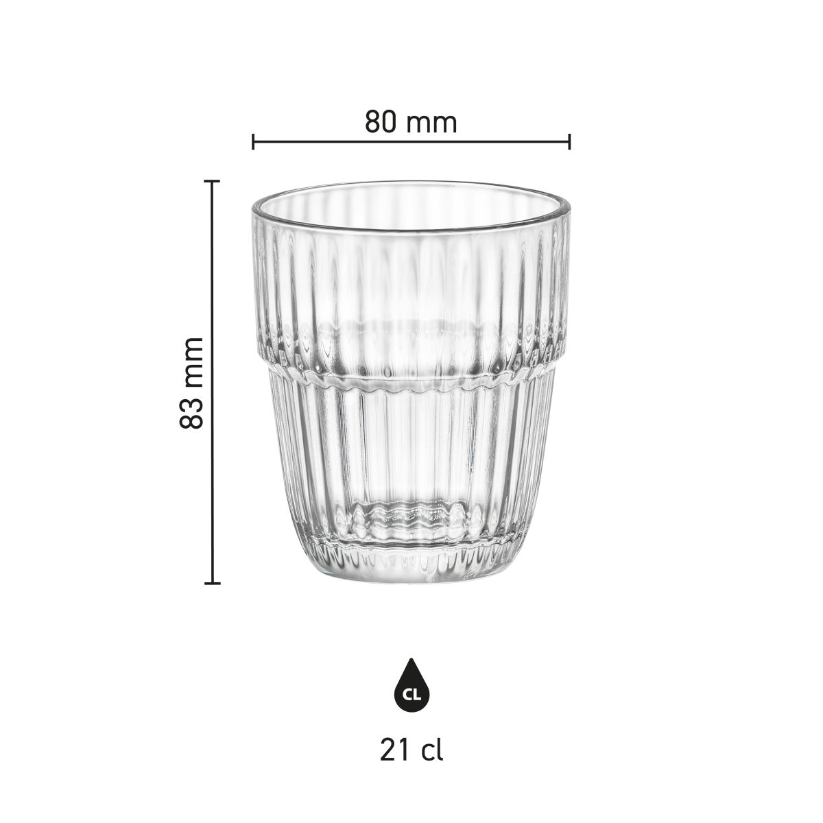 Infographic showing specifications of Barshine Tumbler glass 21 cl including height, width and capacity.