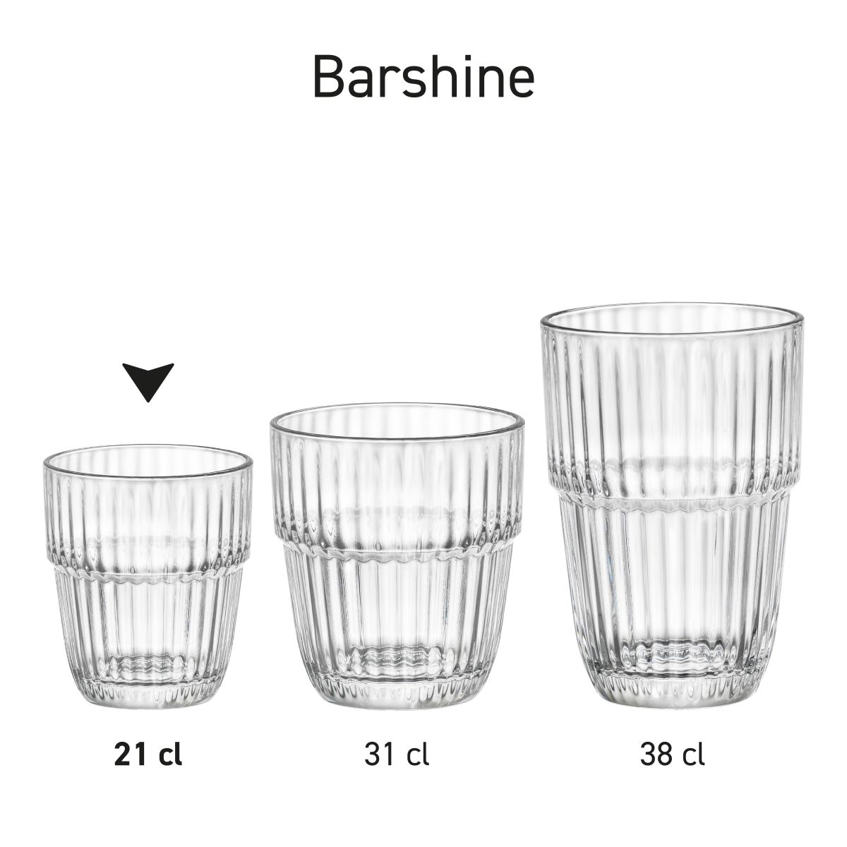 Set of Barshine Tumbler glasses in series arrangement with repeatable shape and uniform size.