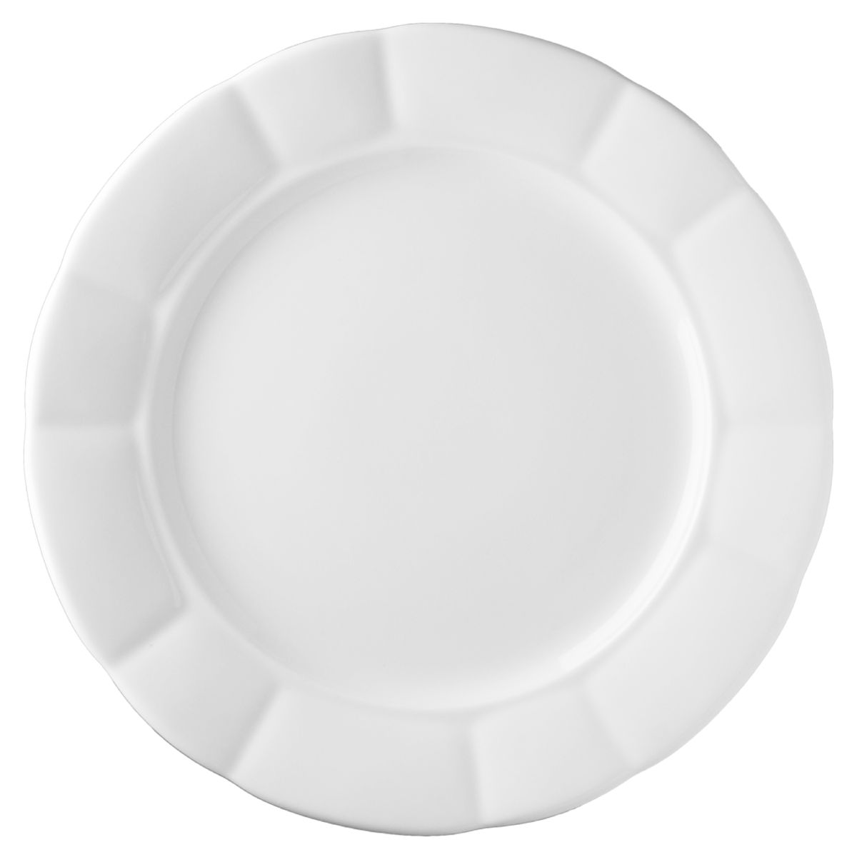 Vooraanzicht van bord Bernice 28 cm in wit porselein met brede rand en glad oppervlak.