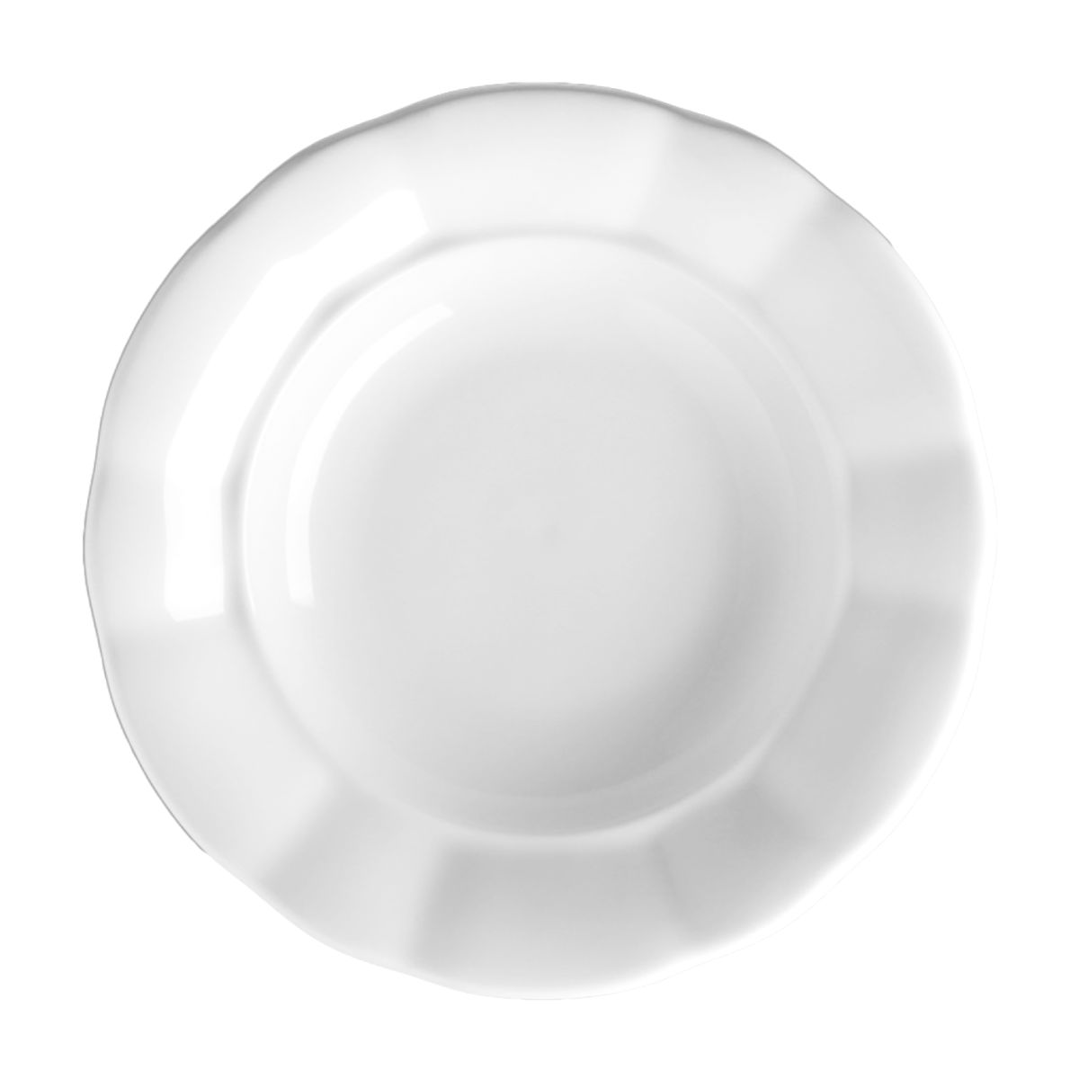 Vooraanzicht van bord Bernice diep 24 cm in wit porselein met ronde komvorm en brede rand.