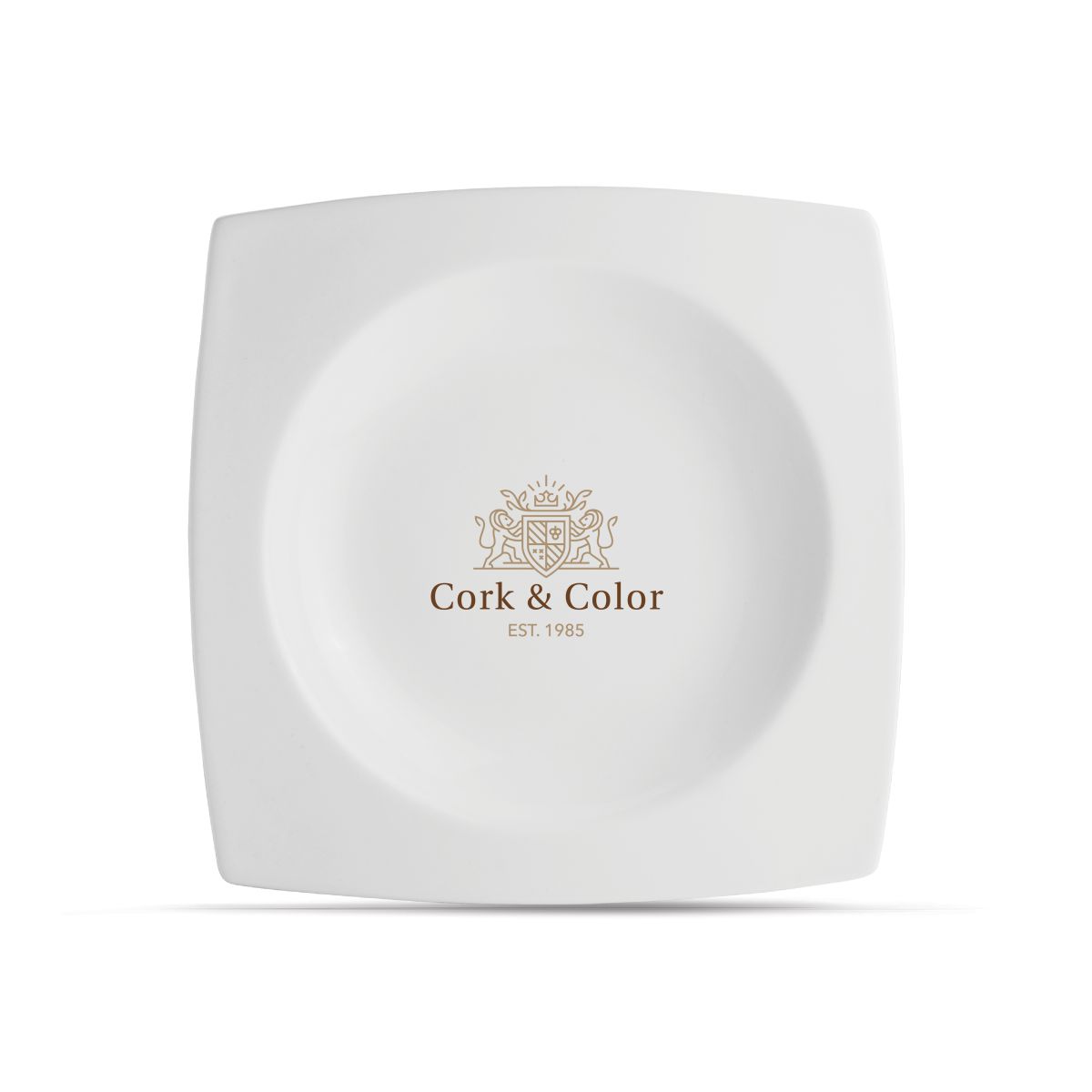 Square deep Squito plate 27 cm in porcelain with multi-coloured CorkColor logo on the front view.