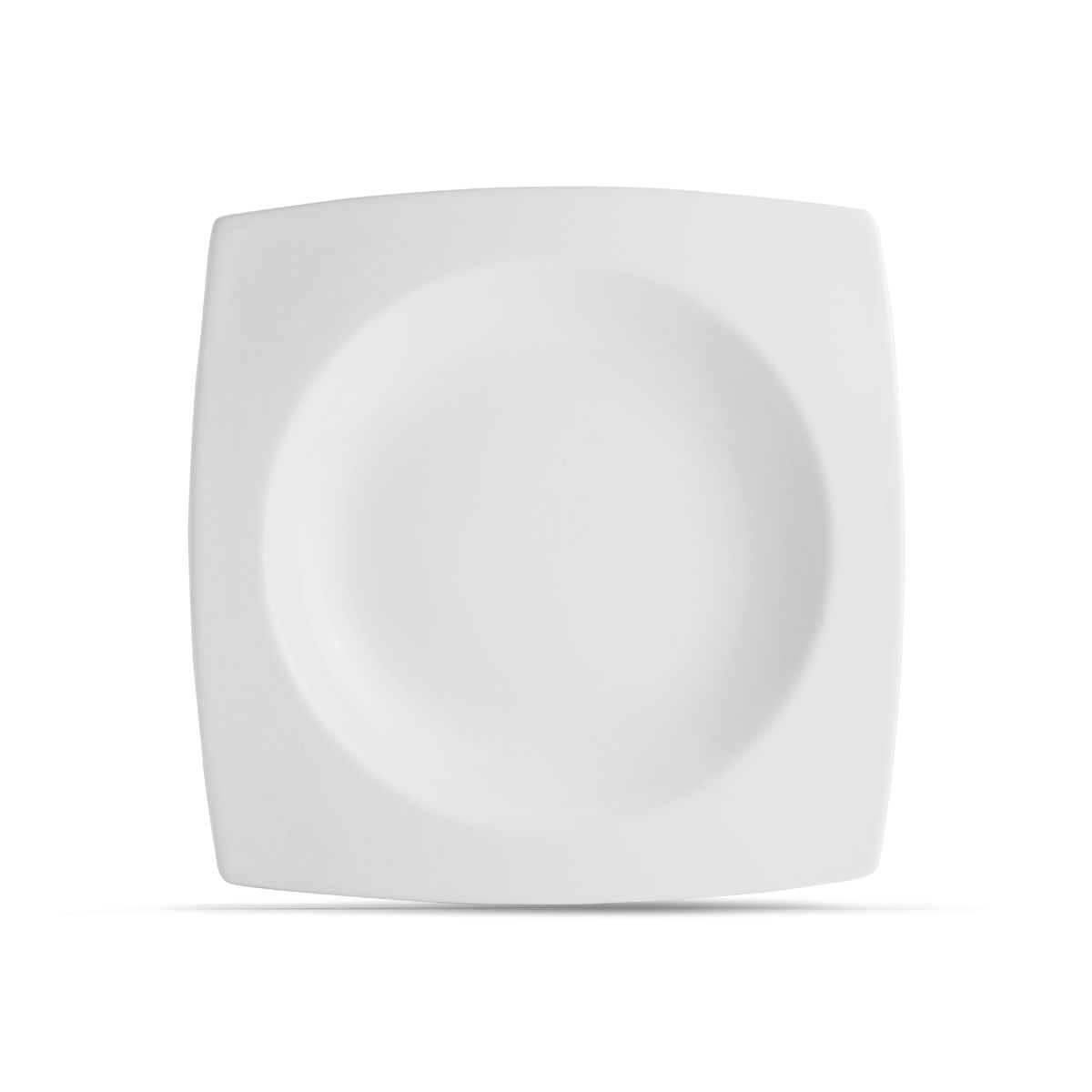 Square deep 27 cm Squito plate in white porcelain, front view with high raised rim.