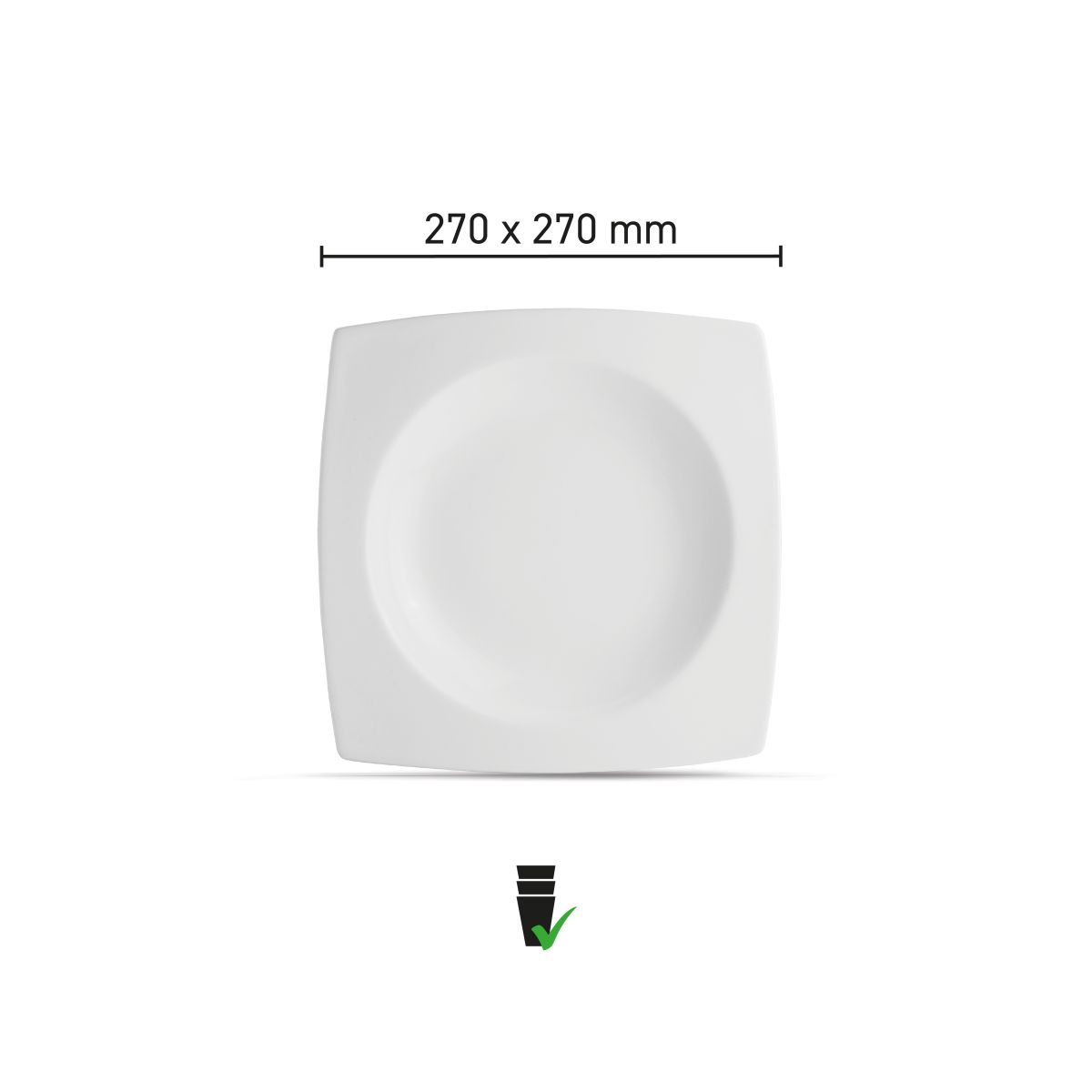 Square deep Squito plate 27 cm of porcelain with infographic of product dimensions and size display.