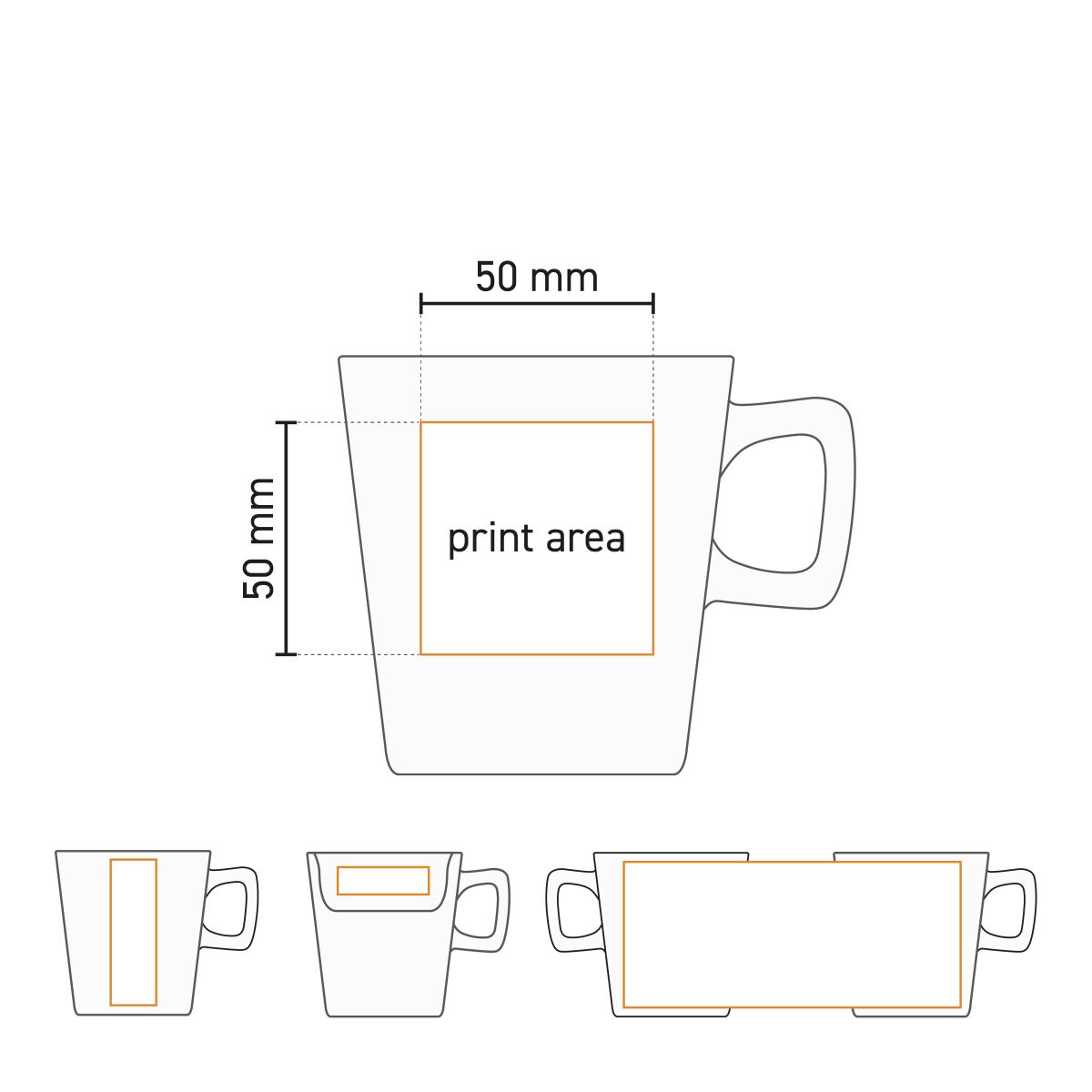Working drawing shows printing area on front of Calvin mug 29 cl. porcelain.