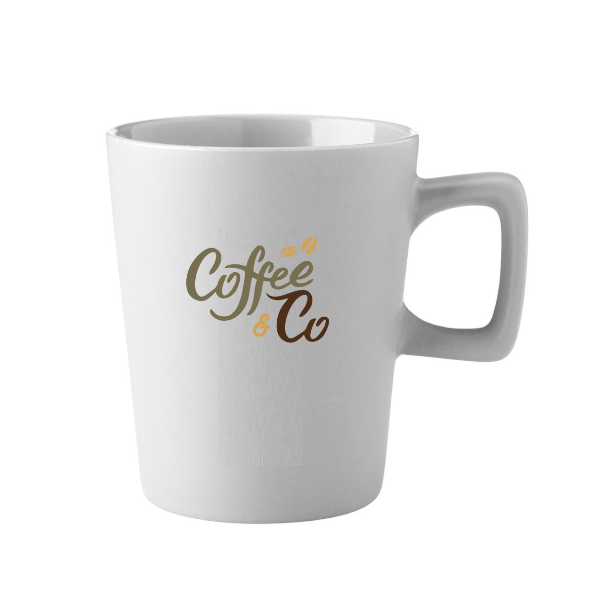 Calvin mug 29 cl. porcelain with colourful CoffeeCo logo in multiple shades on the front.