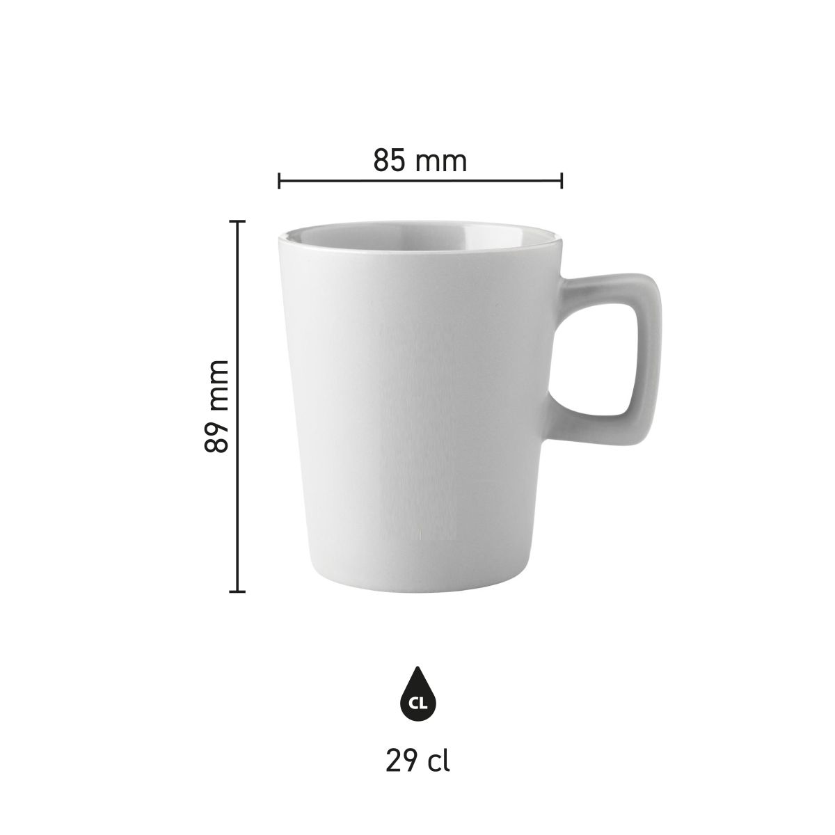 Infographic shows height and diameter of Calvin mug 29 cl. porcelain with dimension lines.