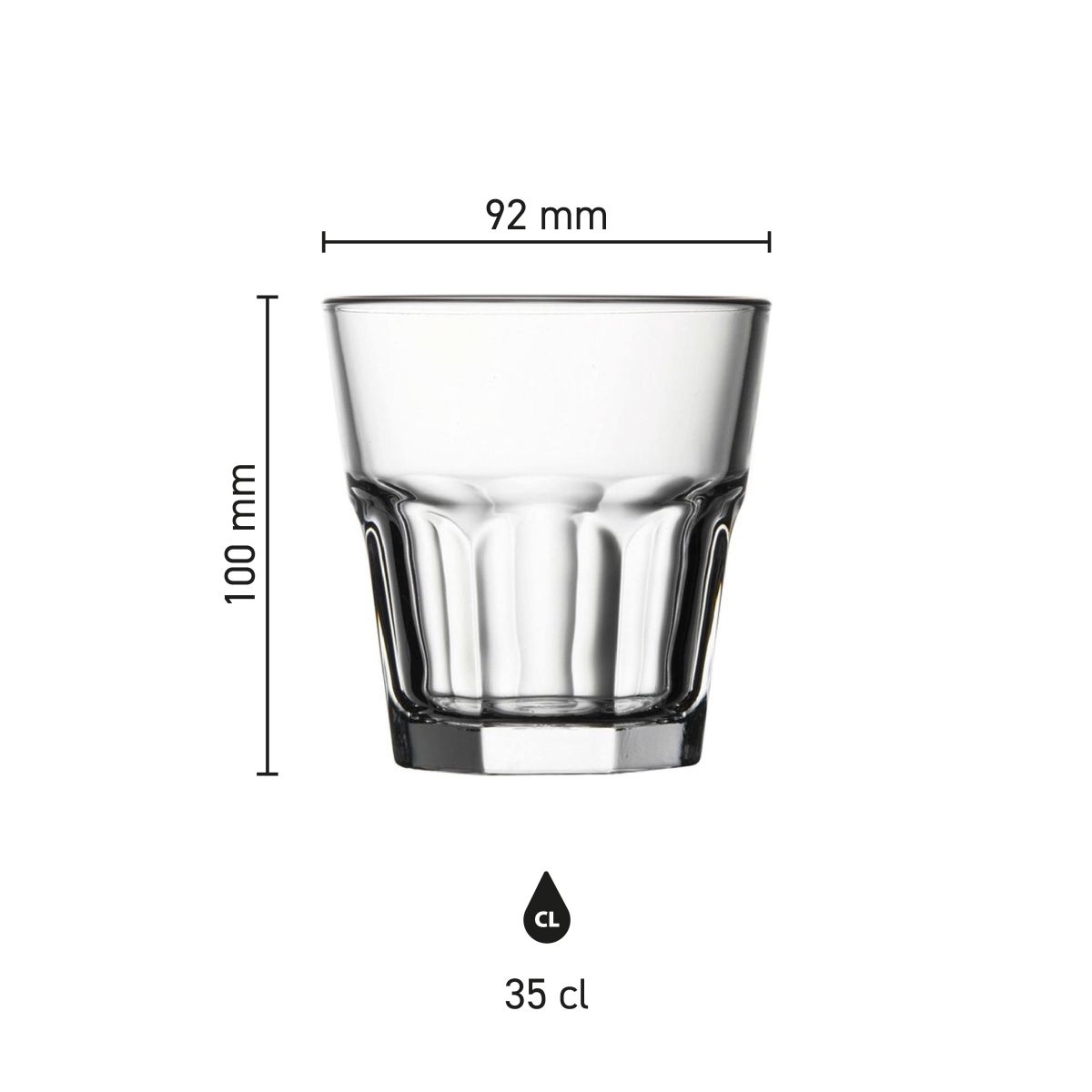 Infographic met productafmetingen van het Casablanca Rocks glas 35 cl., inclusief hoogte en diameter.