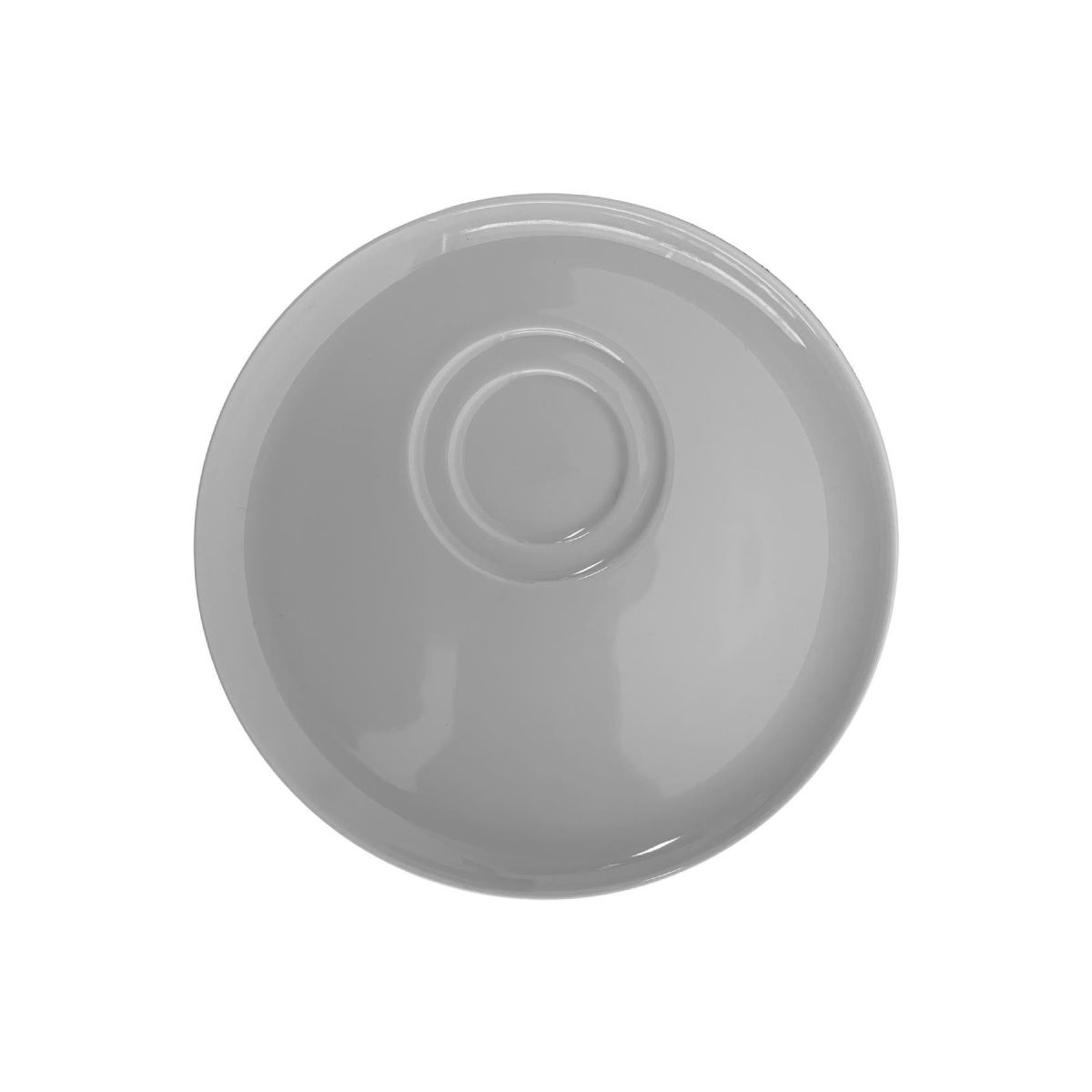 Front view of Delta saucer 15 cm of white porcelain with flat rim, round porcelain saucer for coffee or espresso cup.