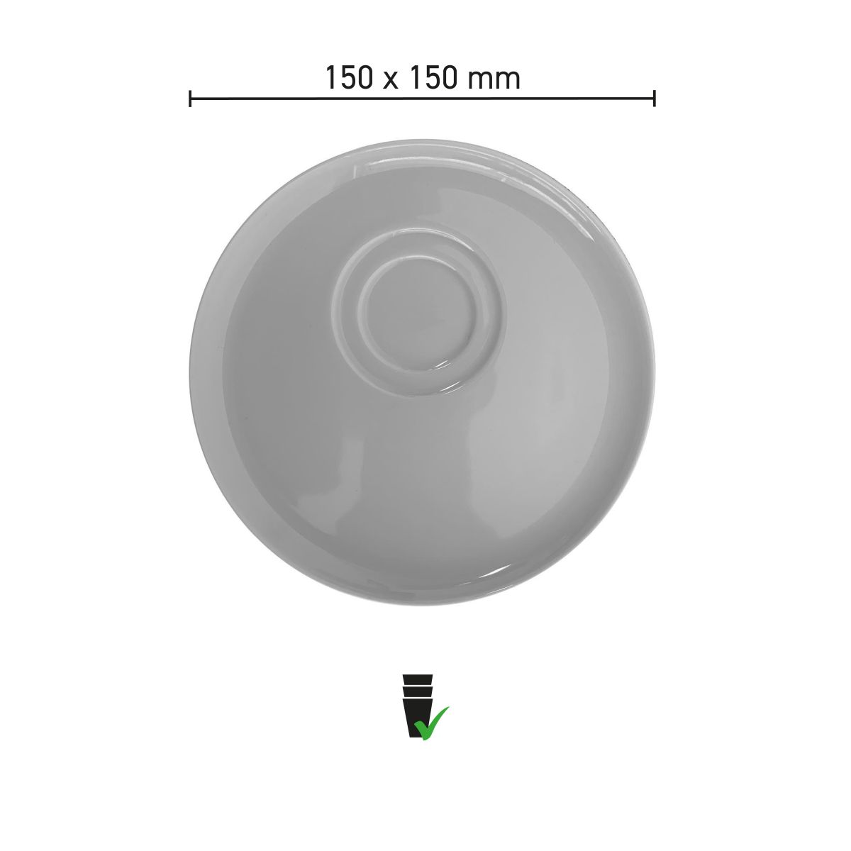 Infographic met productafmetingen van Delta schotel 15 cm porselein: diameter en maatvoering