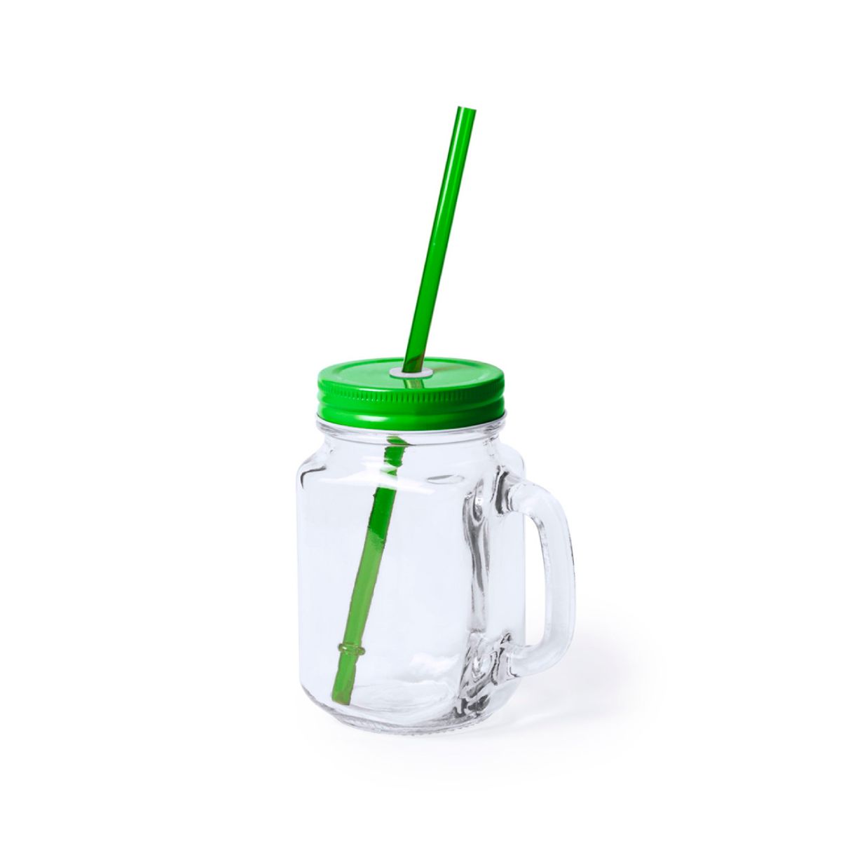 Drink Jar Country 48 cl glass with green lid in front view, clear Mason jar with metal lid.