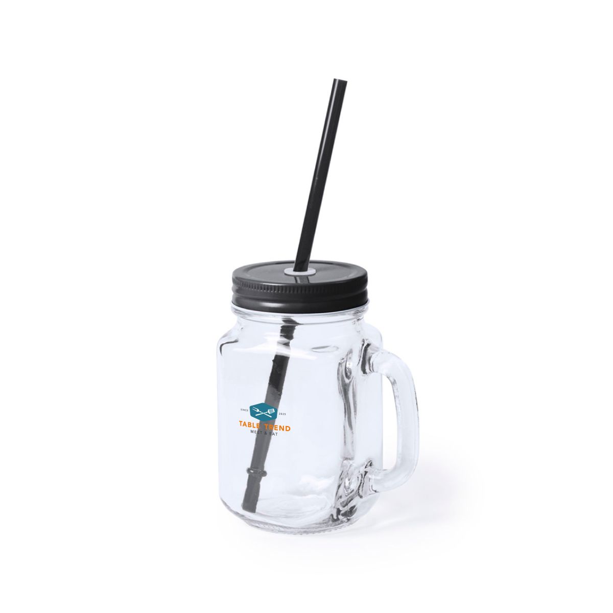 Drink Jar Country 48 cl glass with multi-coloured TableTrend logo on front and metal lid.