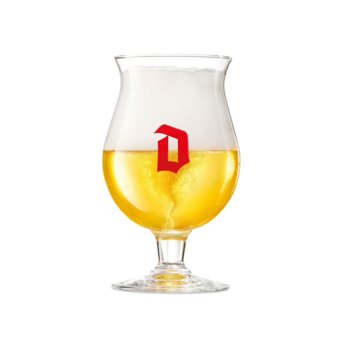 Vooraanzicht van Duvel bierglas 33 cl van helder glas met tulpvormige kelk en korte steel op stevige voet