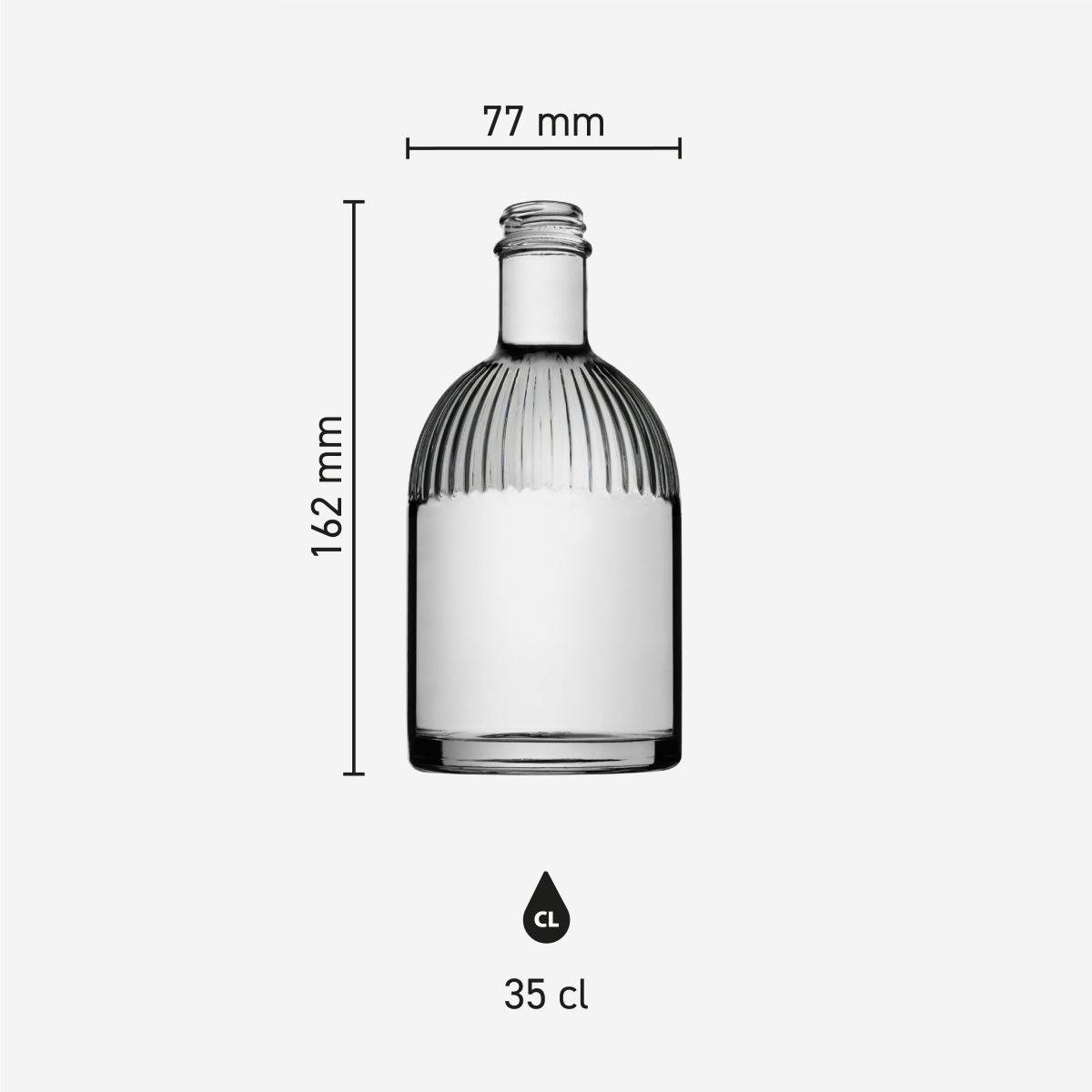 Infographic van glazen fles Florence 0,35 liter met overzicht van productafmetingen zoals hoogte en diameter.