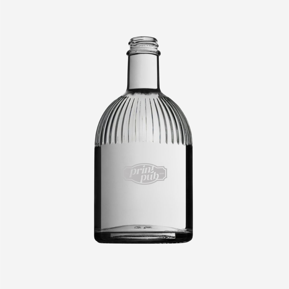 Florence fles 0,5 liter in glas met gegraveerd PrintPub logo op voorzijde, zichtbaar in strak frontaal aanzicht.