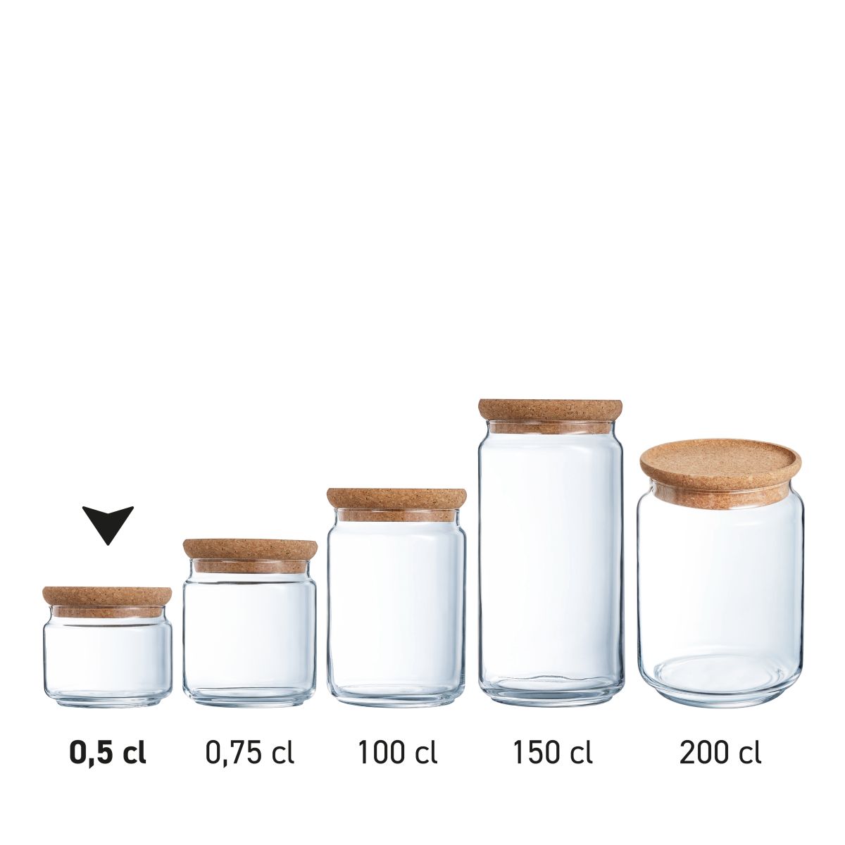 Serie glazen potten met kurken deksel, getoond als productreeks in een overzichtsbeeld.
