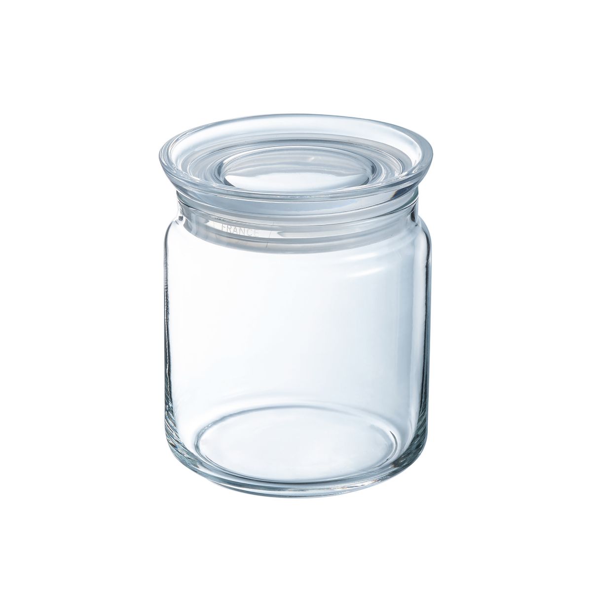 Glazen voorraadpot van 0,75 liter met glazen deksel, transparante bewaarpot in strak vooraanzicht.