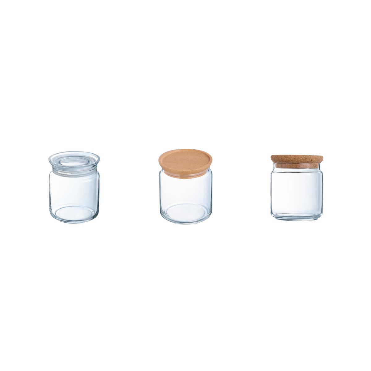 Overview of 0.75-litre glass jars with different lids and closures.