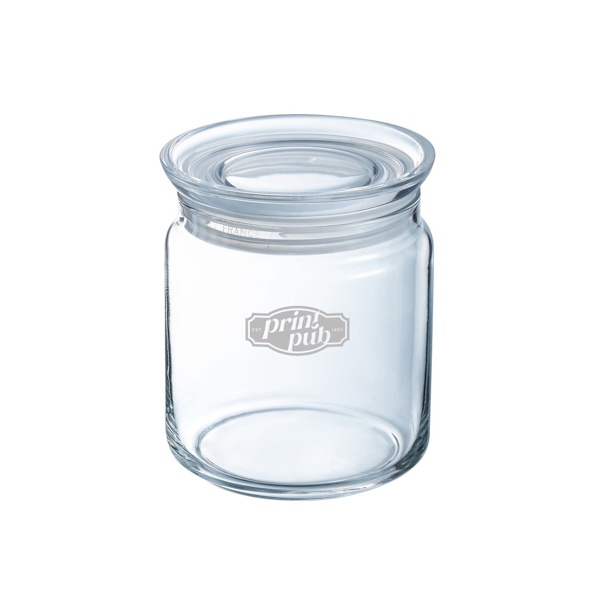 Glass jar with lid 0,75 litre and engraved PrintPub logo visible on front view.