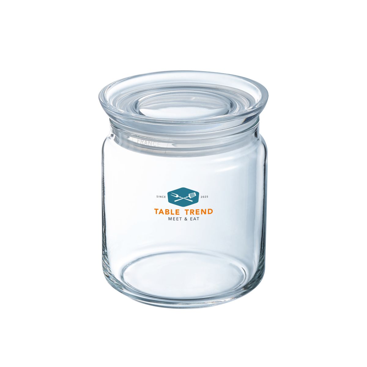 Glass jar with lid 0,75 litre and TableTrend logo in multiple colours on the front view.