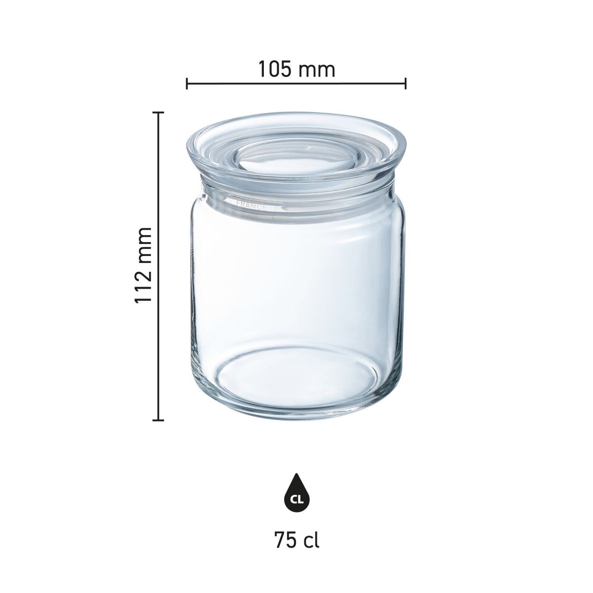 Infographic showing dimensions of a 0.75-litre glass jar with lid, clear and uncluttered.