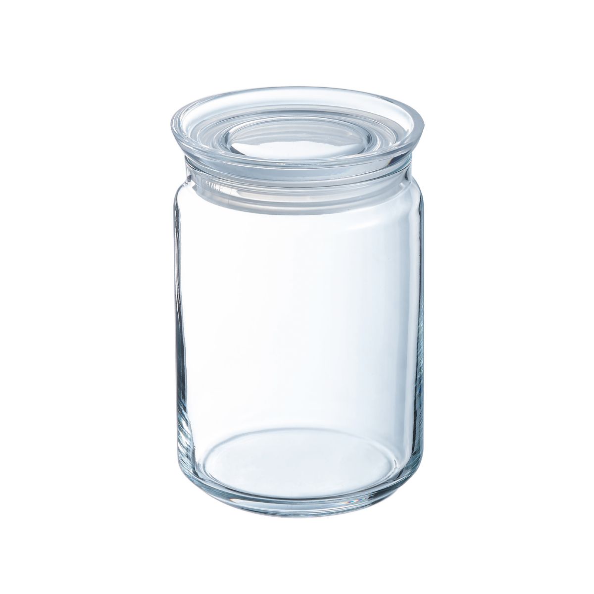 Glazen voorraadpot van 1 liter met glazen deksel, transparante bewaarpot in strak vooraanzicht.