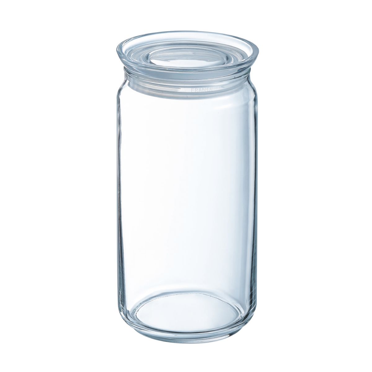 Glazen pot van 1,5 liter met glazen deksel in vooraanzicht, transparant voorraadglas voor keukenopslag.