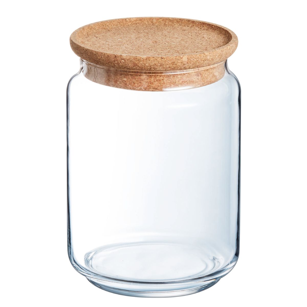 Glazen pot van 2 liter met kurken deksel in vooraanzicht, transparant voorraadglas voor keuken en opslag.