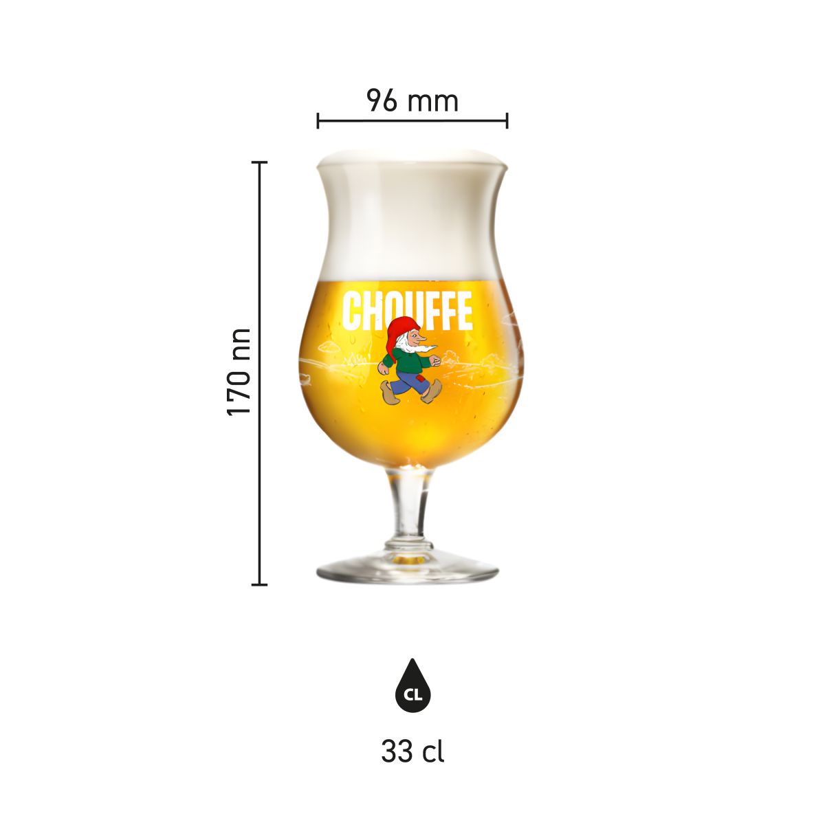Infographic of La Chouffe beer glass 33 cl with product dimensions: height and diameter
