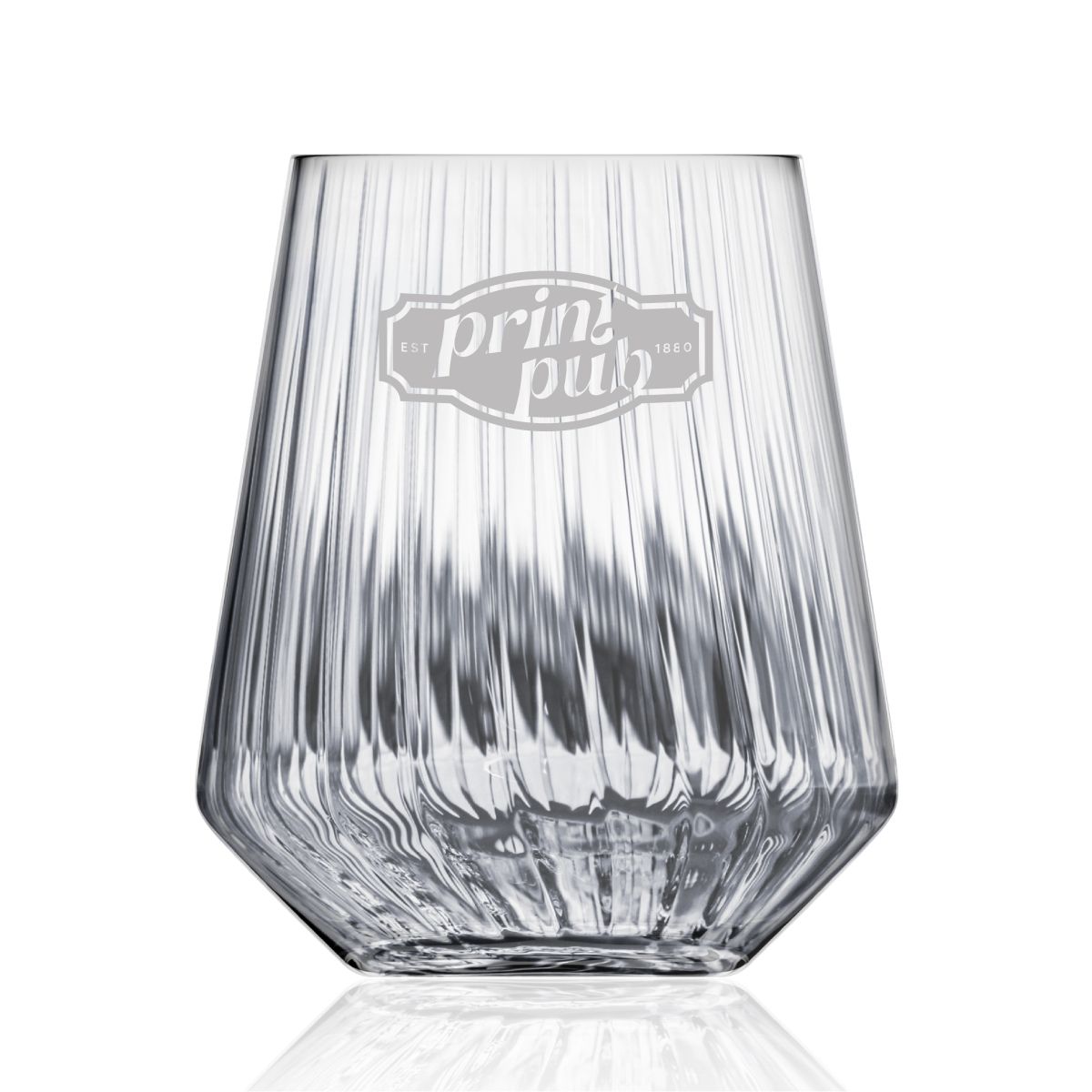 Melody lines tumbler 40 cl. glas met gegraveerd PrintPub-logo zichtbaar op de voorzijde.