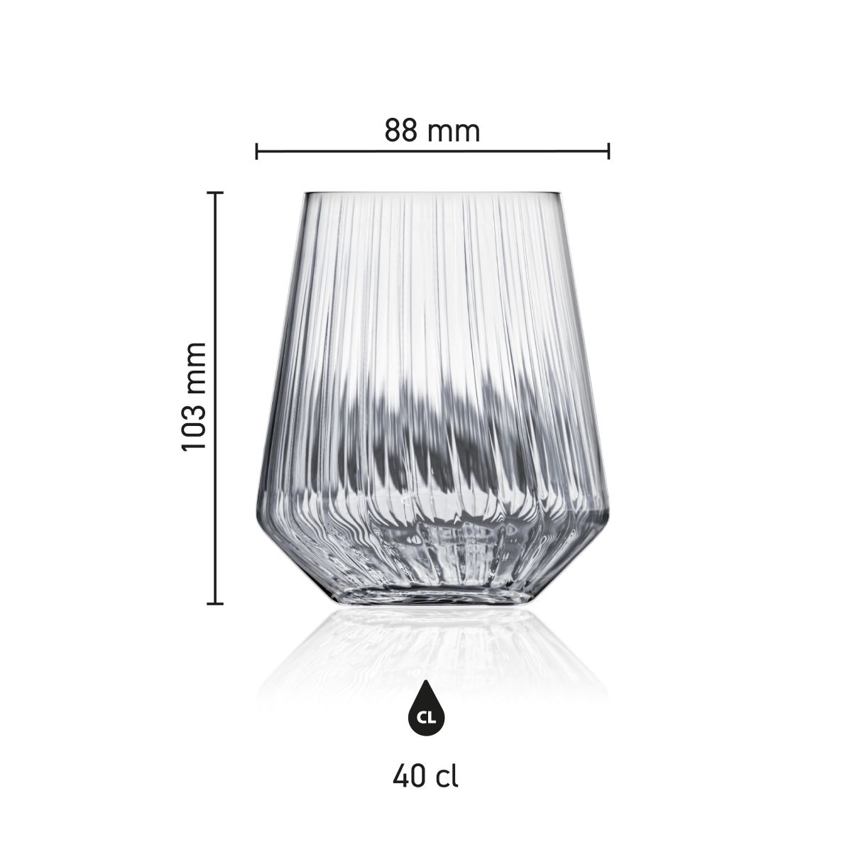 Infographic met afmetingen van Melody lines tumbler glas 40 cl. inclusief hoogte en diameter.