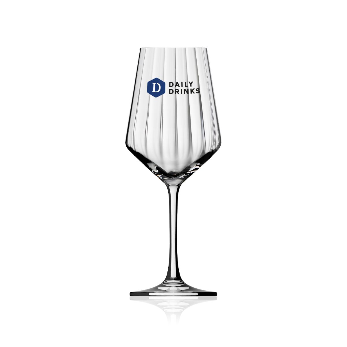 Wijnglas Melody lines 35 cl. van glas met meerkleurigDailyDrinks-logo op de kelk, duidelijk zichtbaar op de voorzijde.