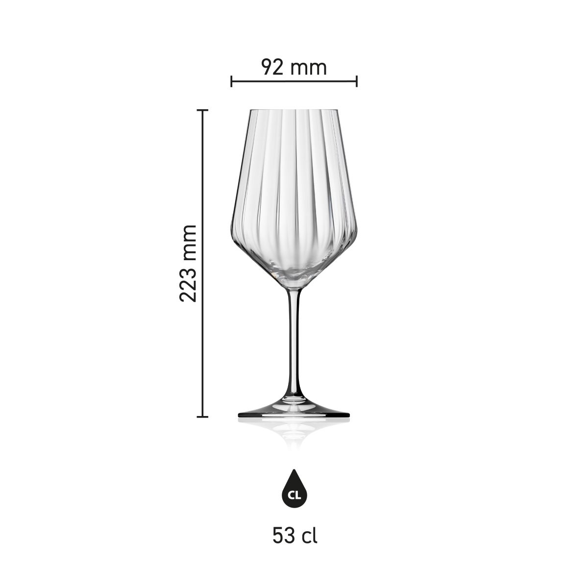Infographic toont hoogte, kelkdiameter en inhoud van het Melody lines wijnglas 53 cl in helder glas.