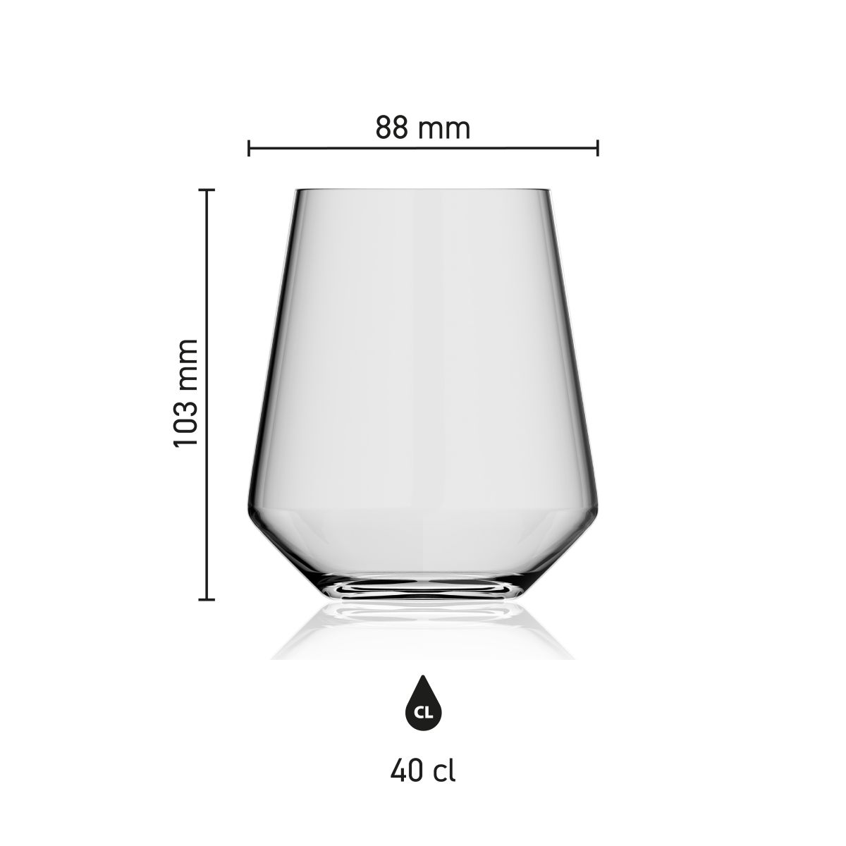 Overview with dimensions of the glass Melody tumbler 40 cl. including height, diameter and capacity indication.