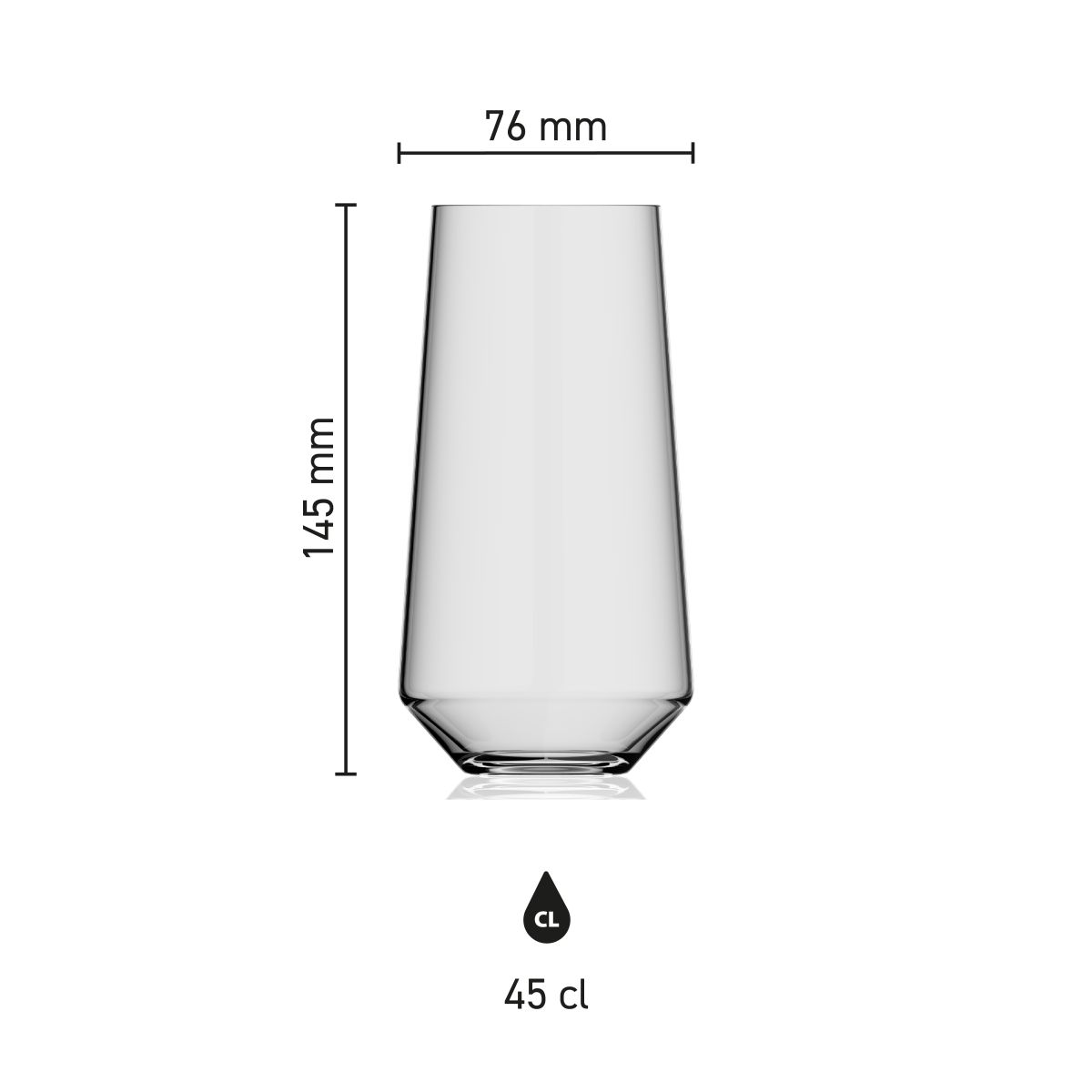 Infographic met de afmetingen van de Melody tumbler 45 cl, inclusief hoogte, diameter en inhoudsspecificatie.