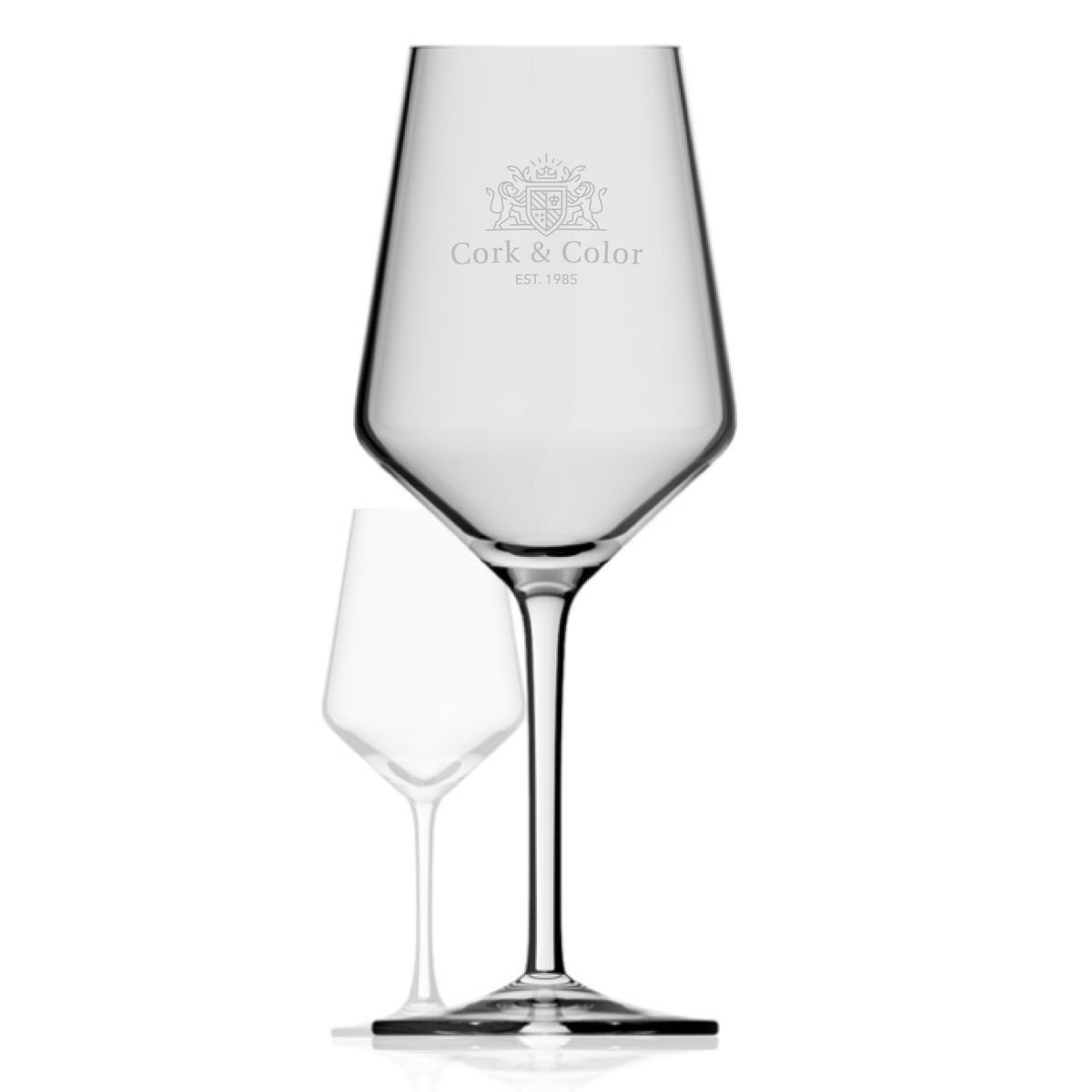 CorkColor-logo als fijne gravure op voorzijde van Melody XXL wijnglas, 2,0 liter glas.