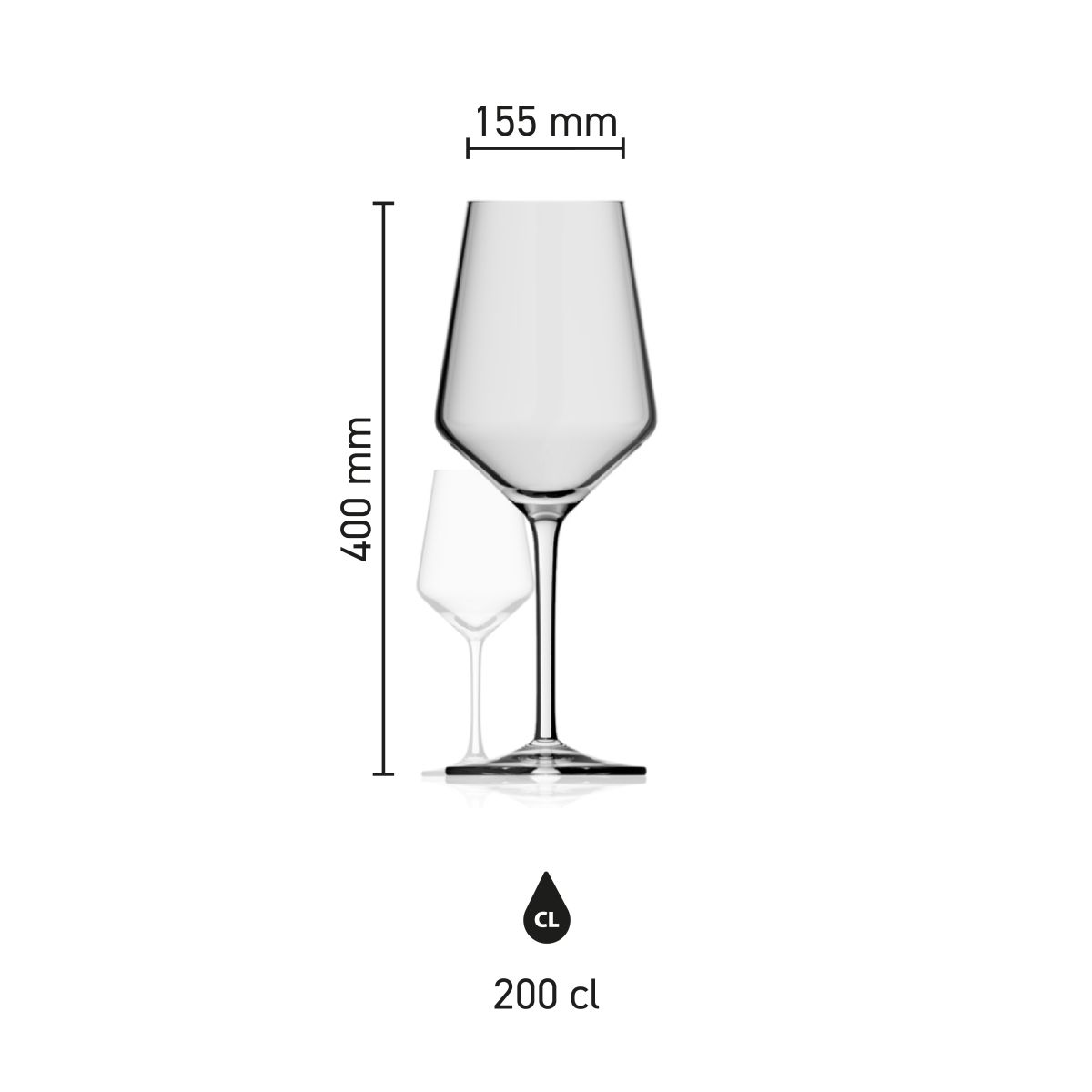 Infographic met afmetingen van Melody XXL wijnglas 2,0 liter, toont hoogte en diameter.