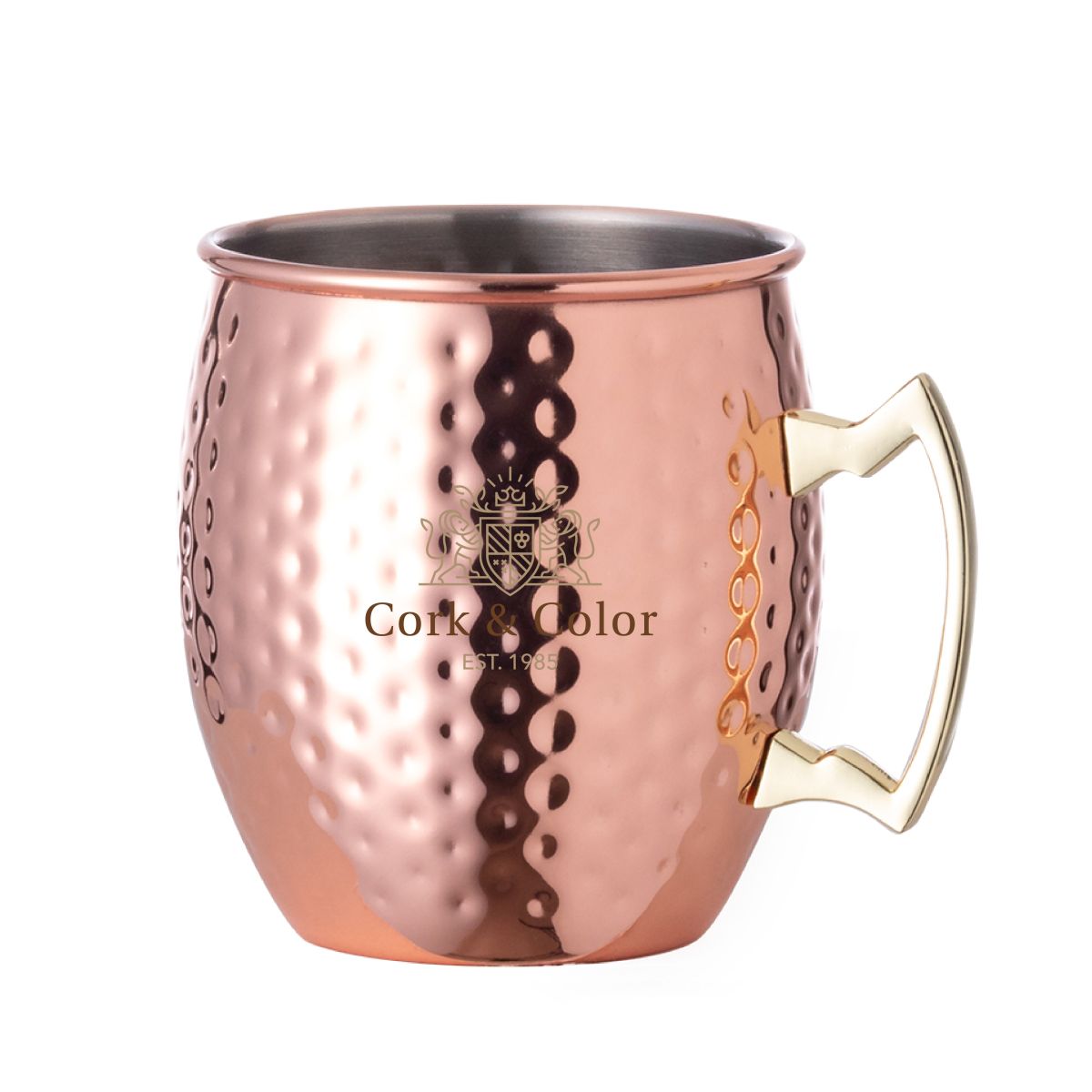 Moscow Mule beker 50 cl gehamerd RVS met meerkleurig logo op voorzijde, strak en duidelijk zichtbaar