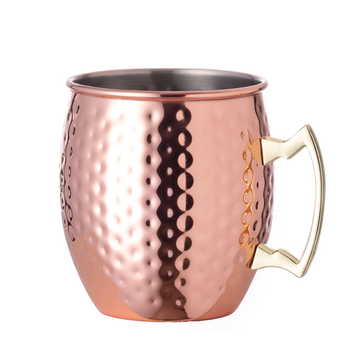Front view of Moscow Mule cup 50 cl made of hammered stainless steel with round shape and sturdy handle