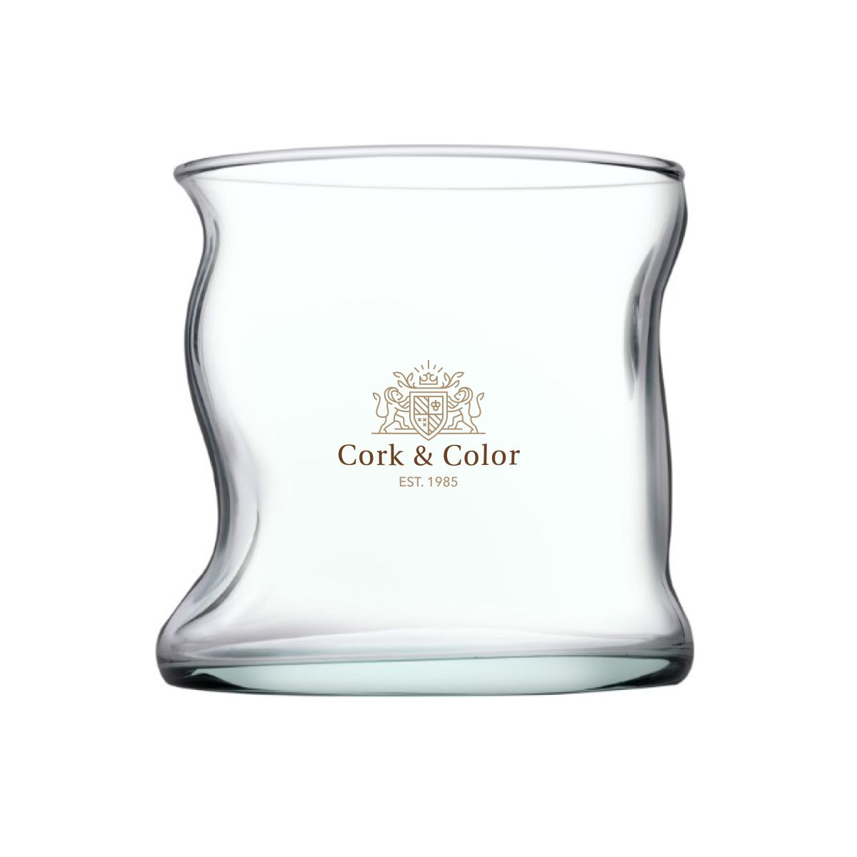 Vooraanzicht Nami Matcha glas met meerkleurig CorkColor logo, transparant matcha drinkglas met bedrukking op glaswand.