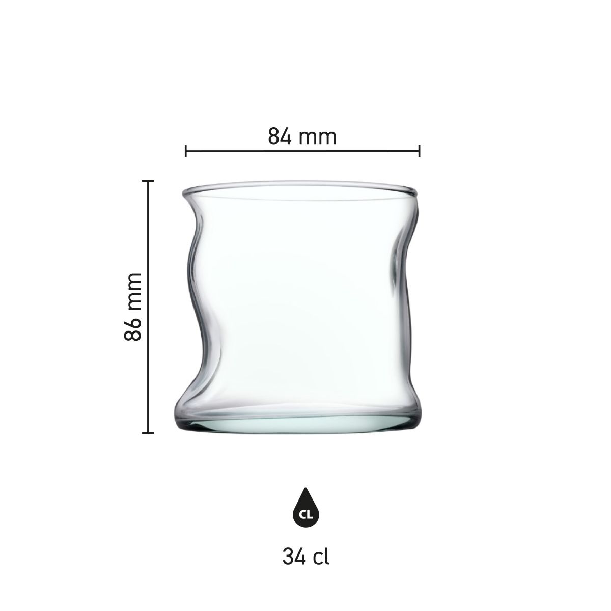 Infographic met productafmetingen van het Nami Matcha glas: hoogte en diameter van het drinkglas