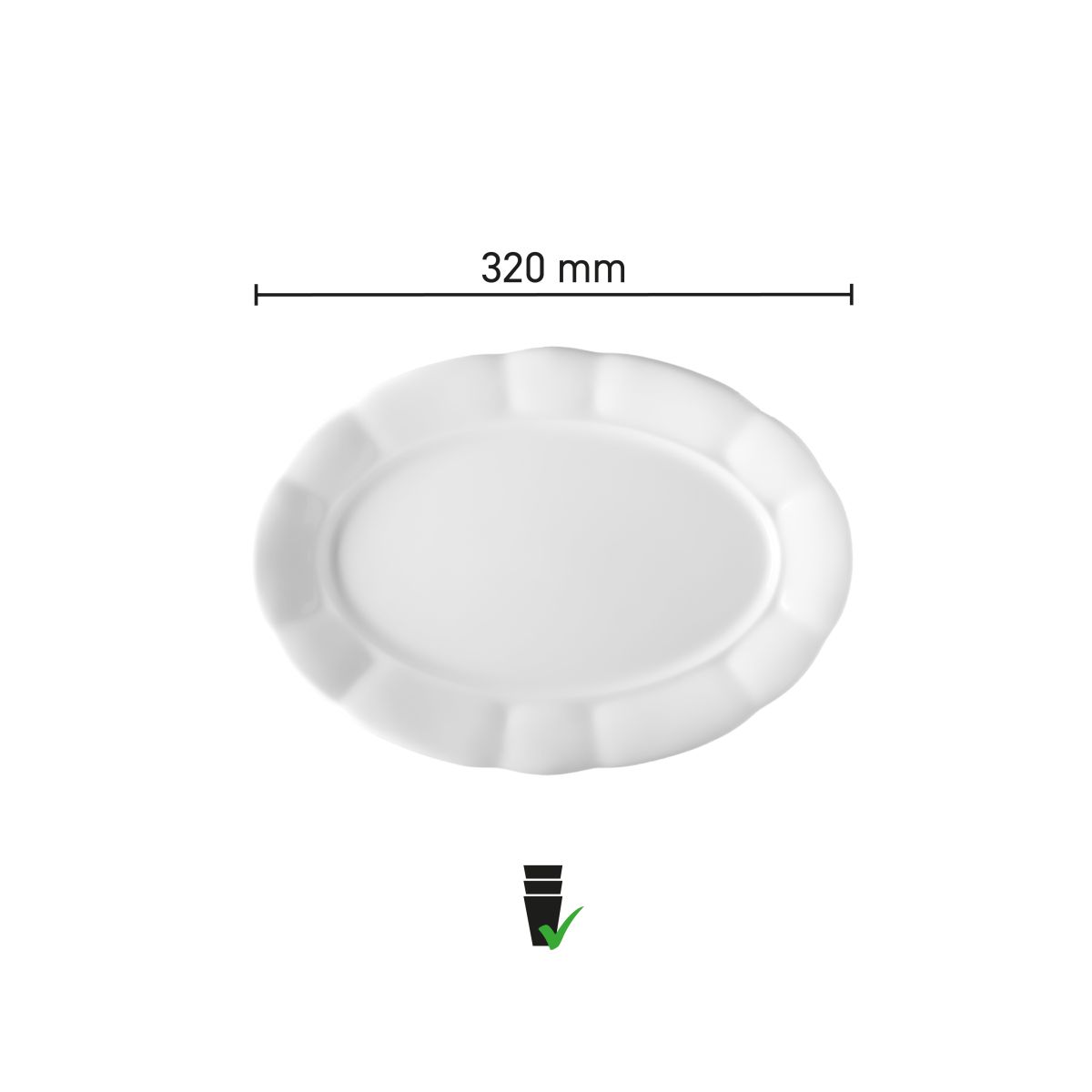 Infographic showing product dimensions of bowl Bernice 32 cm in white porcelain.