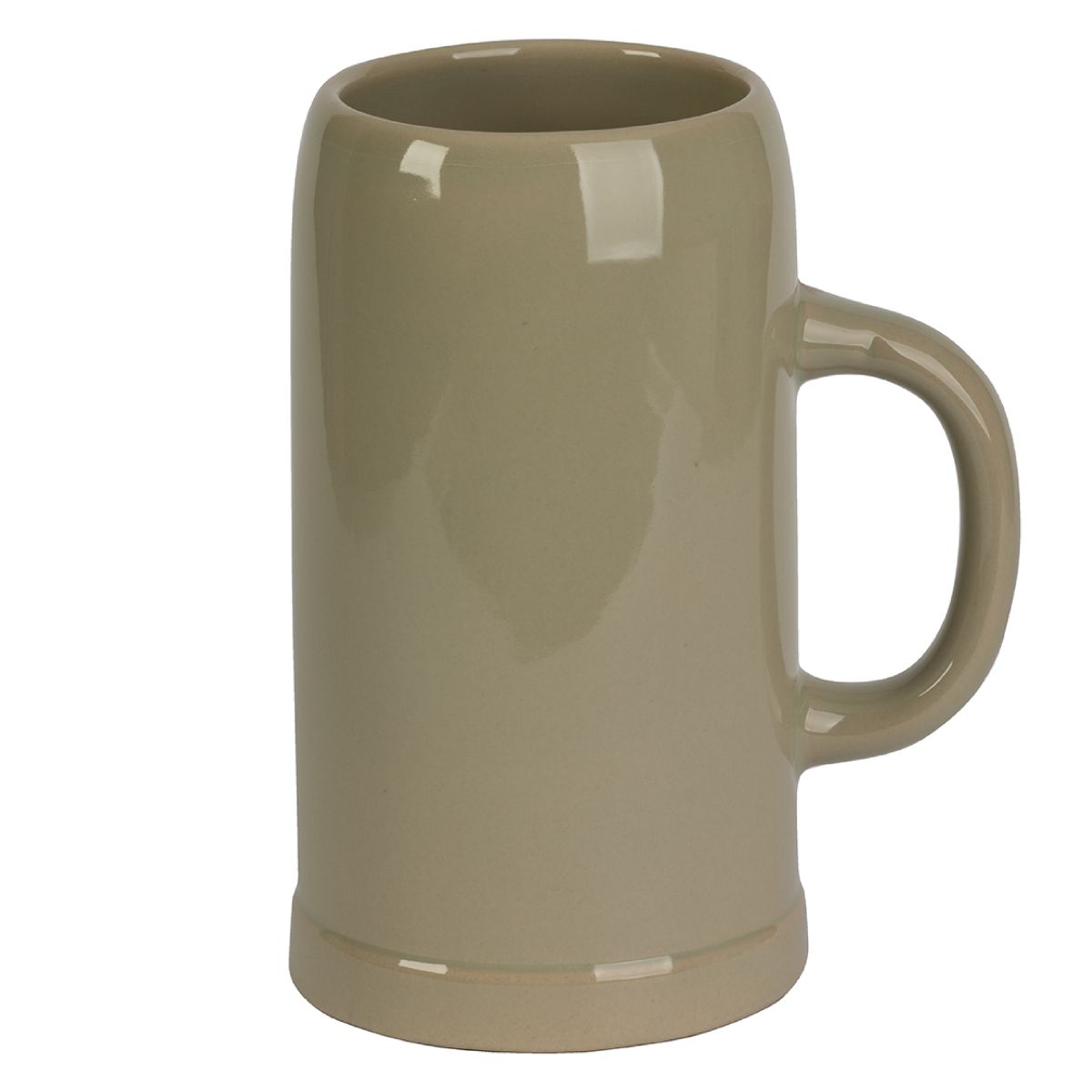 Vooraanzicht van stenen bierpul 1 liter van aardewerk met robuuste vorm en klassieke bierpul voor grote bierporties.