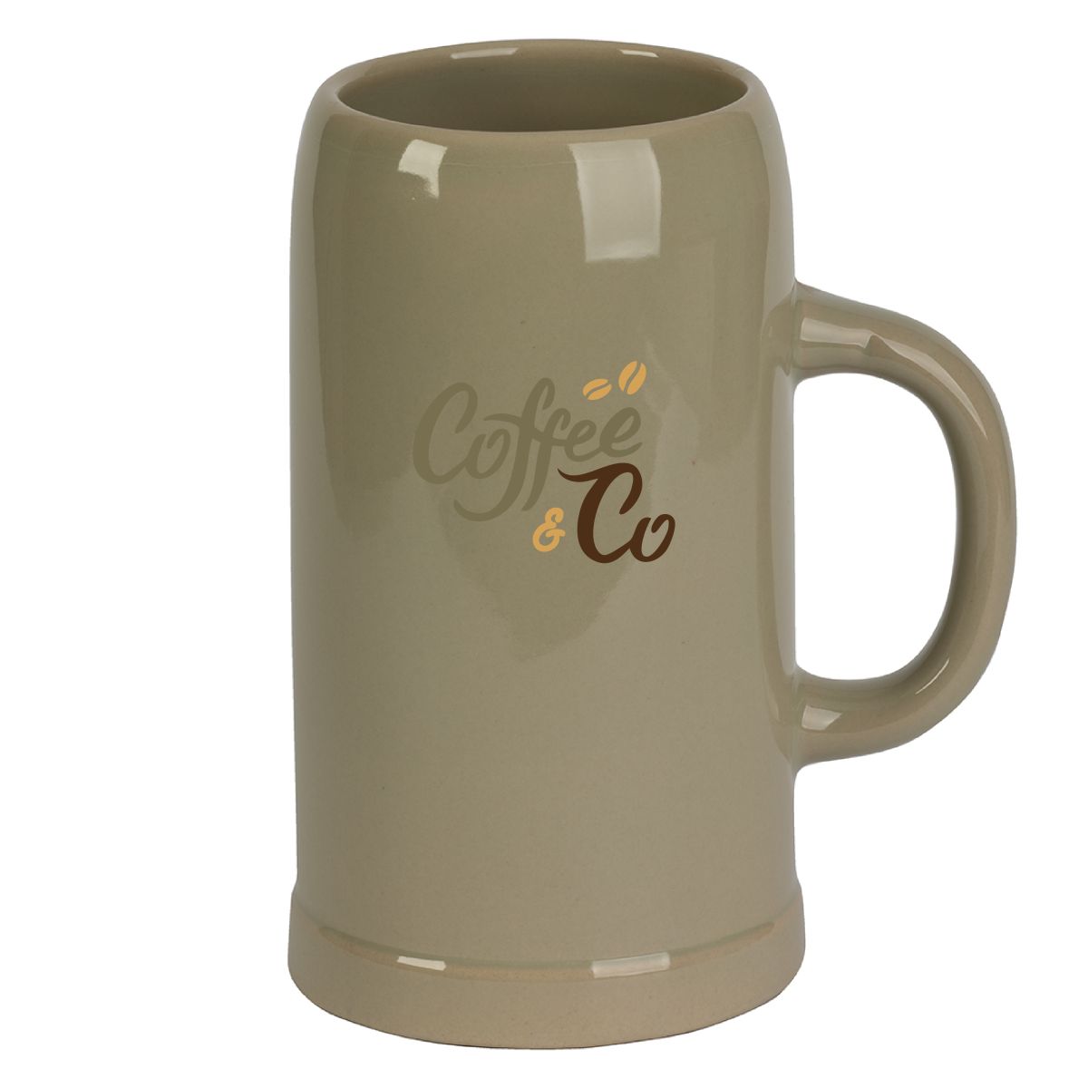 Aardewerk stenen bierpul 1 liter met CoffeeCo logo in meerdere kleuren zichtbaar op de voorkant van de bierpul.